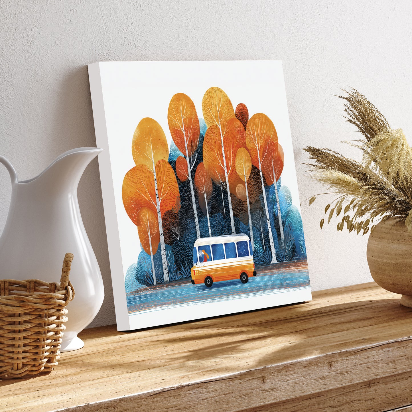 Fall Wall Art | School Bus in Autumn Forest | Back to School Seasonal Decor for Classroom, Entryway, or Living Room