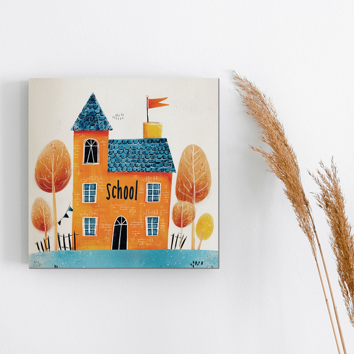 Fall Wall Art | Autumn Schoolhouse Painting | Back to School Seasonal Décor for Classroom, Kids’ Room, or Entryway