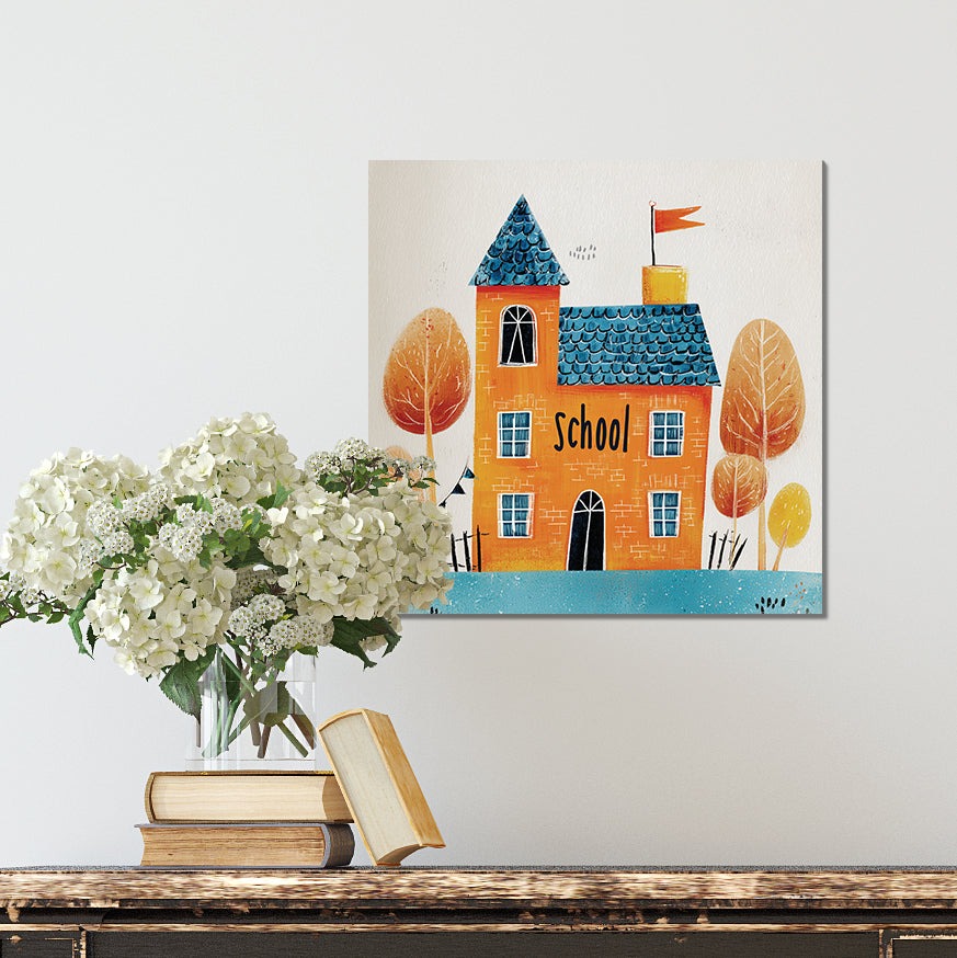 Fall Wall Art | Autumn Schoolhouse Painting | Back to School Seasonal Décor for Classroom, Kids’ Room, or Entryway