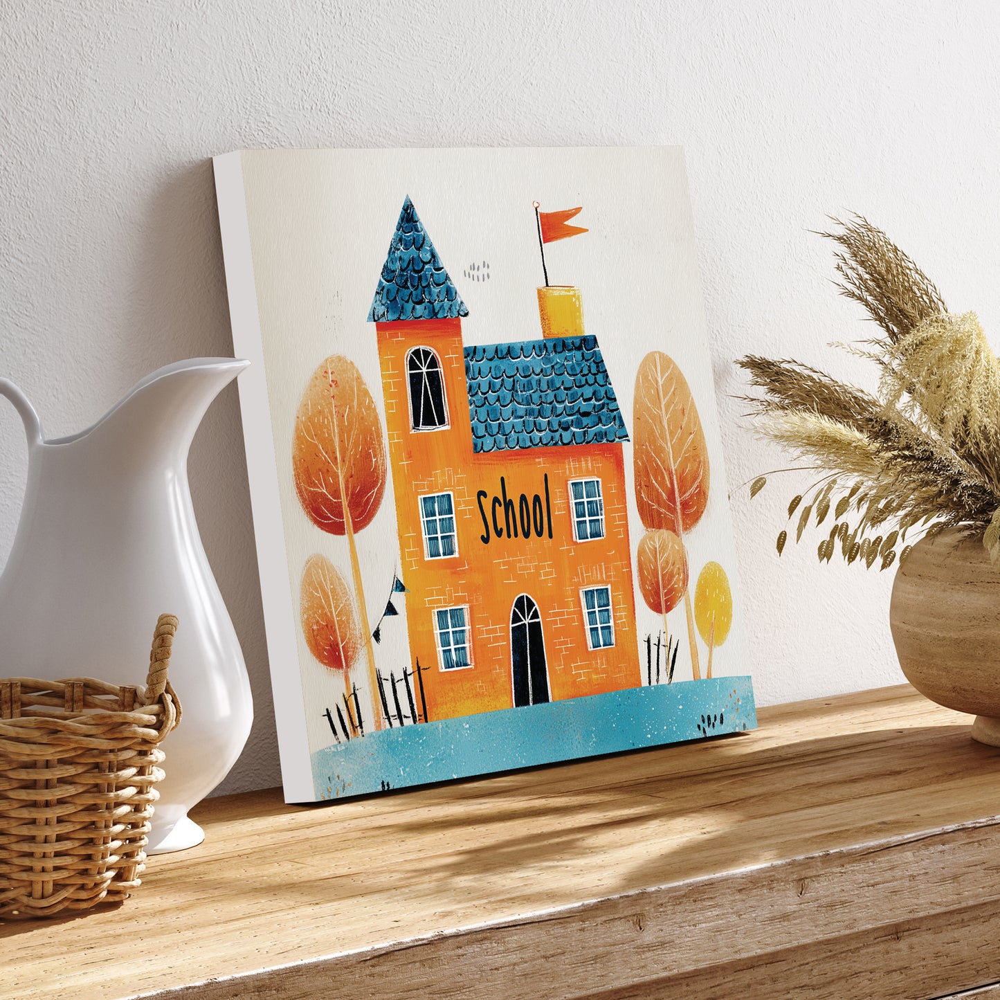 Fall Wall Art | Autumn Schoolhouse Painting | Back to School Seasonal Décor for Classroom, Kids’ Room, or Entryway