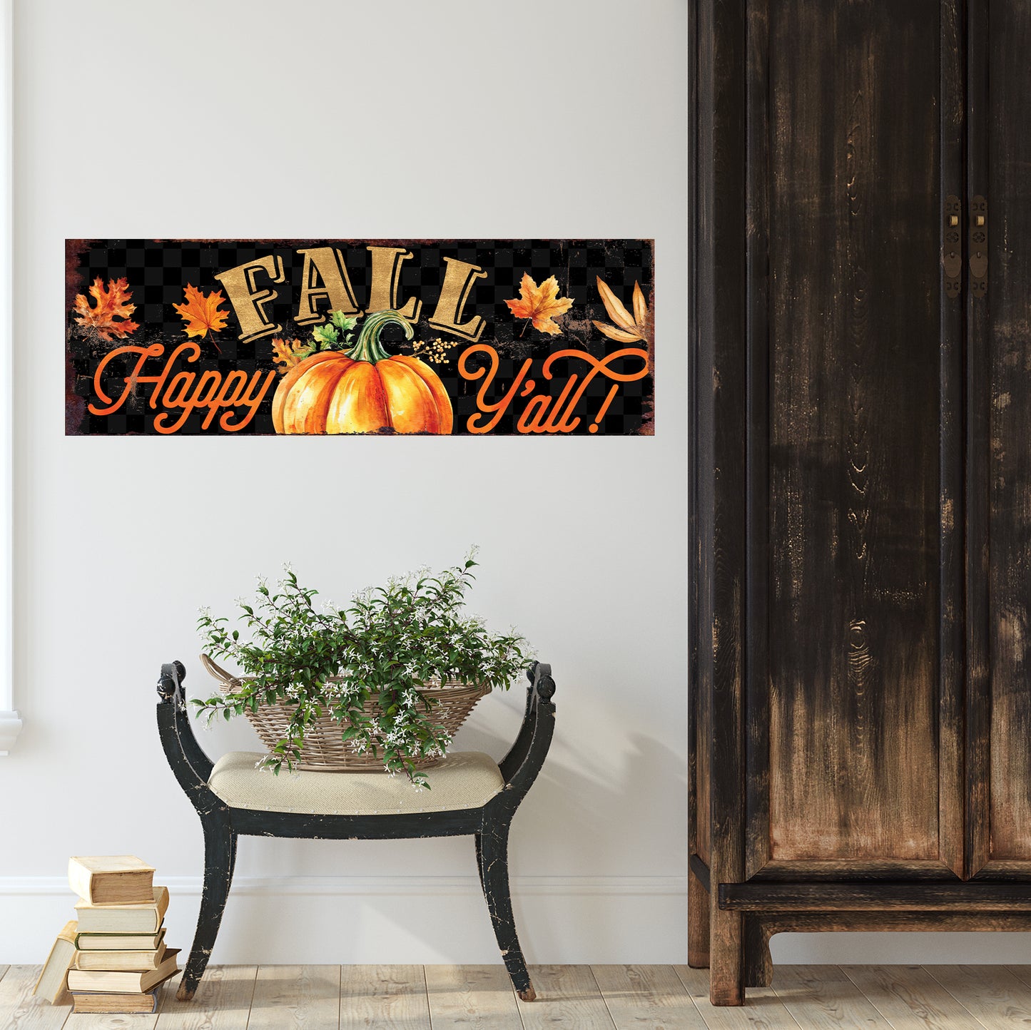 Happy Fall Y’all Wall Art | Pumpkin & Autumn Leaves Sign | Rustic Farmhouse Fall Decoration for Living Room or Porch