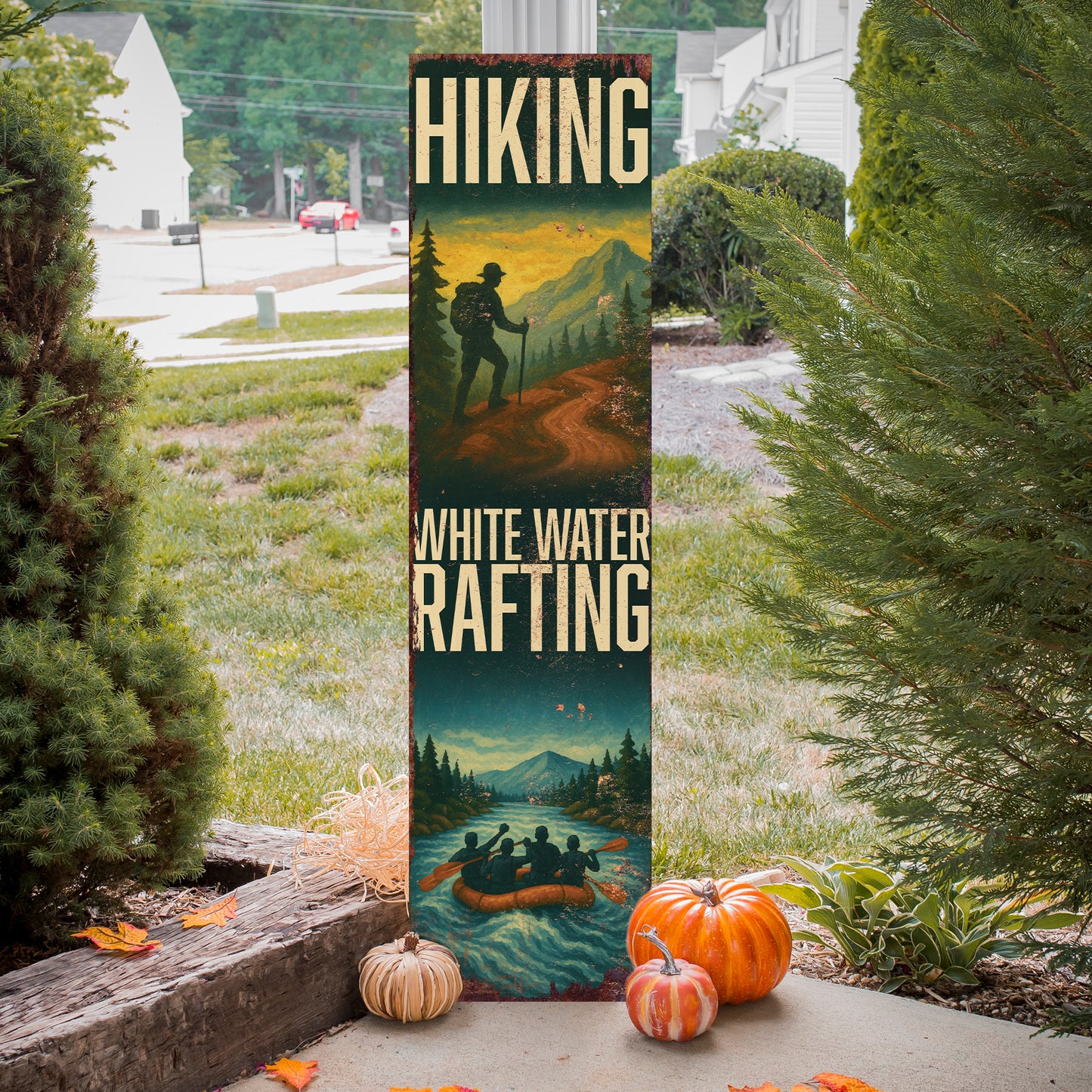 Rustic Hiking & White Water Rafting Porch Sign | Adventure Outdoor Wall Art | Cabin, Lodge, Patio, or Entryway Décor