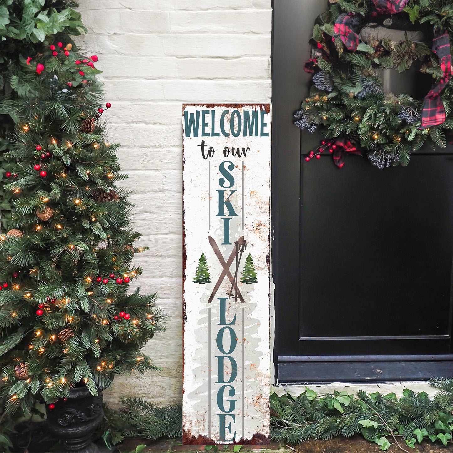 Welcome to Our Ski Lodge Porch Sign | Rustic Winter Cabin Decor with Skis & Pines | Farmhouse Entryway Sign for Porch Indoor