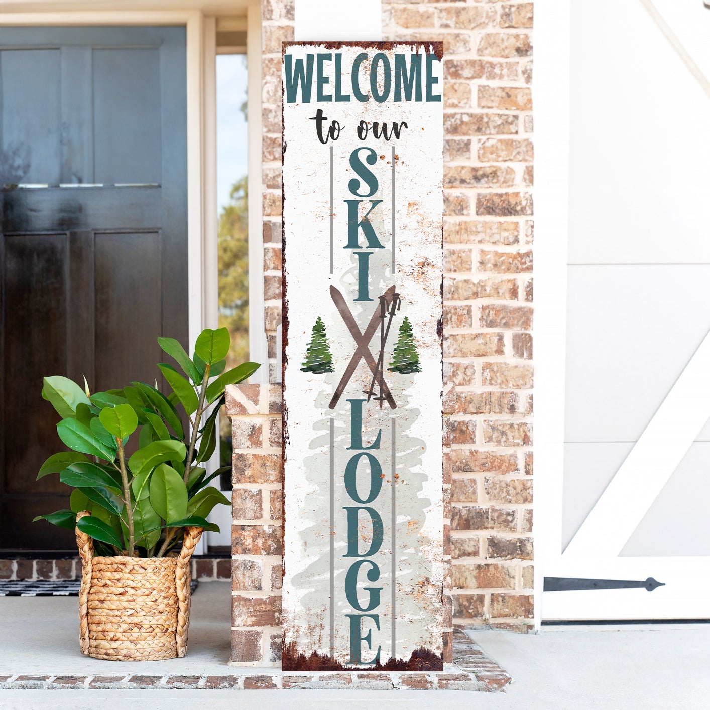 Welcome to Our Ski Lodge Porch Sign | Rustic Winter Cabin Decor with Skis & Pines | Farmhouse Entryway Sign for Porch Indoor
