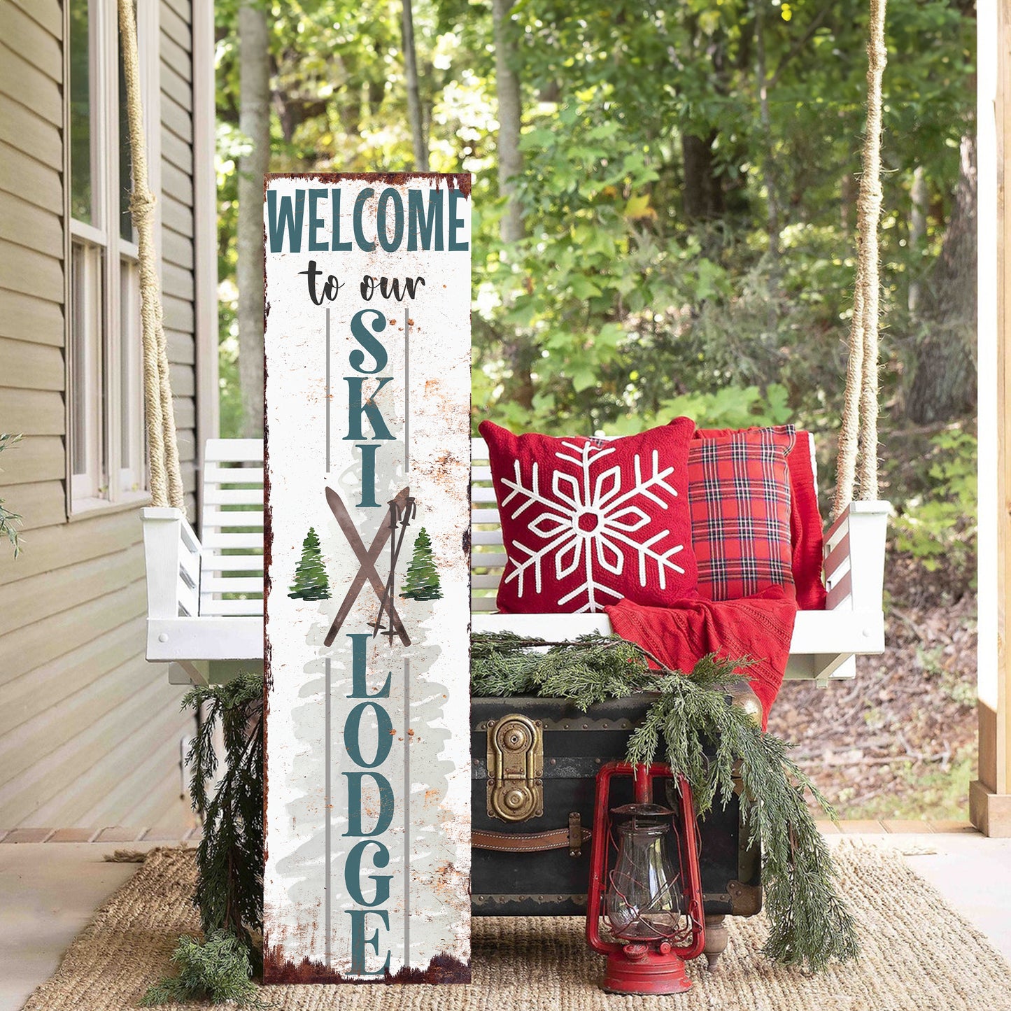 Welcome to Our Ski Lodge Porch Sign | Rustic Winter Cabin Decor with Skis & Pines | Farmhouse Entryway Sign for Porch Indoor
