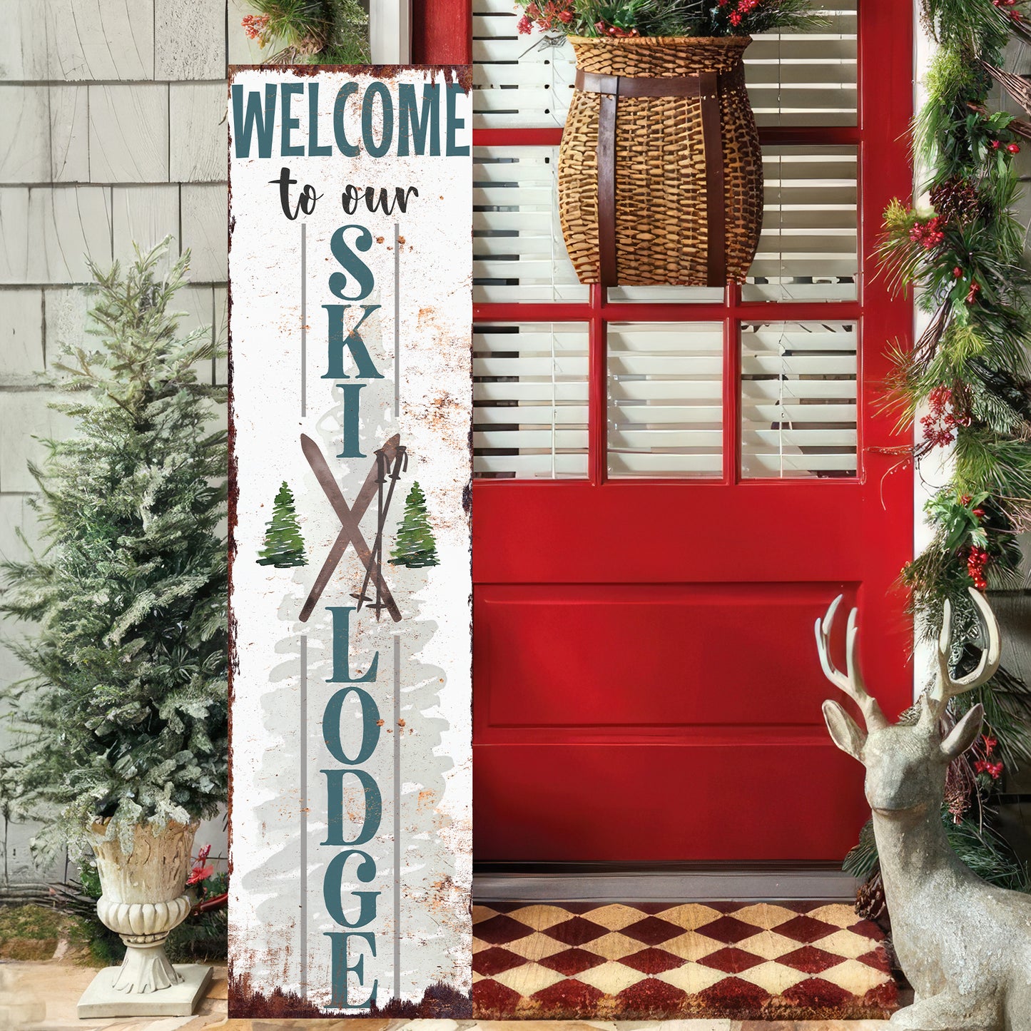 Welcome to Our Ski Lodge Porch Sign | Rustic Winter Cabin Decor with Skis & Pines | Farmhouse Entryway Sign for Porch Indoor