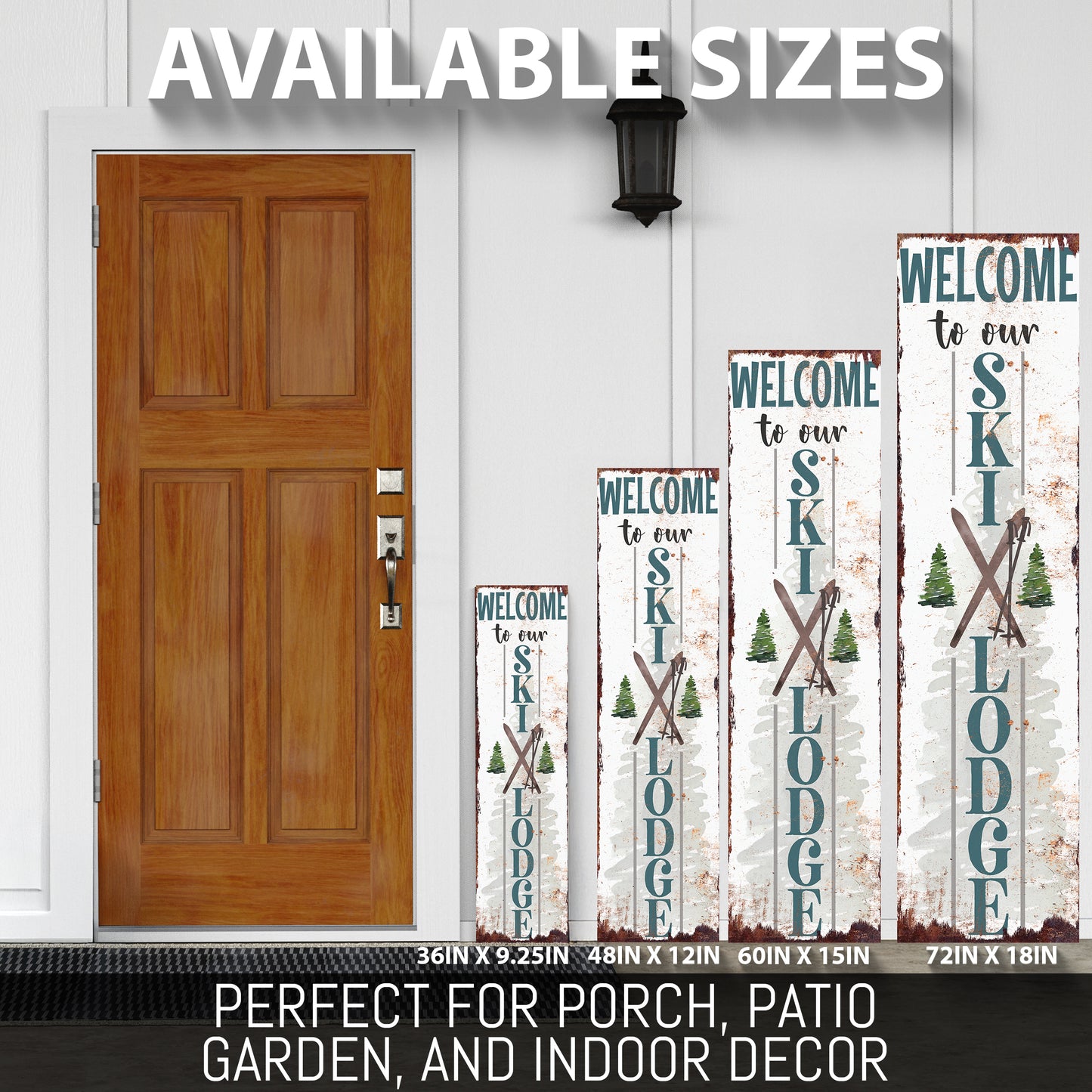 Welcome to Our Ski Lodge Porch Sign | Rustic Winter Cabin Decor with Skis & Pines | Farmhouse Entryway Sign for Porch Indoor