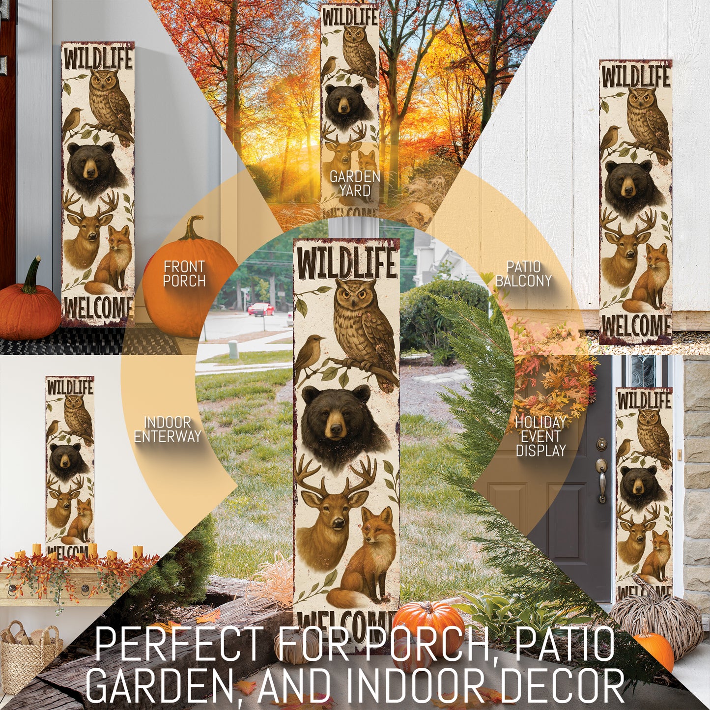 Wildlife Welcome Porch Sign | Rustic Cabin Lodge Decor with Bear, Deer, Owl & Fox | Outdoor Farmhouse Wall Art for Porch Entryway