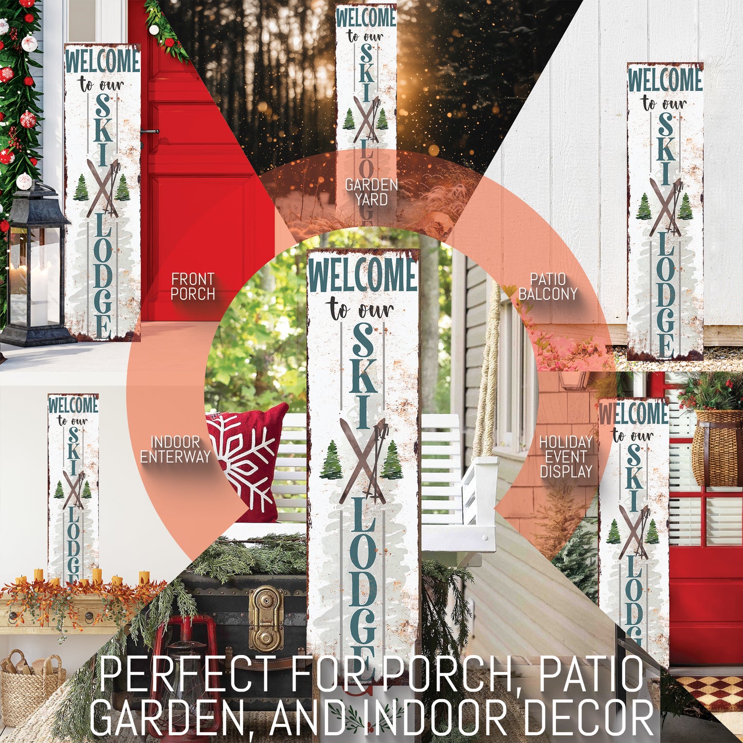 Welcome to Our Ski Lodge Porch Sign | Rustic Winter Cabin Decor with Skis & Pines | Farmhouse Entryway Sign for Porch Indoor