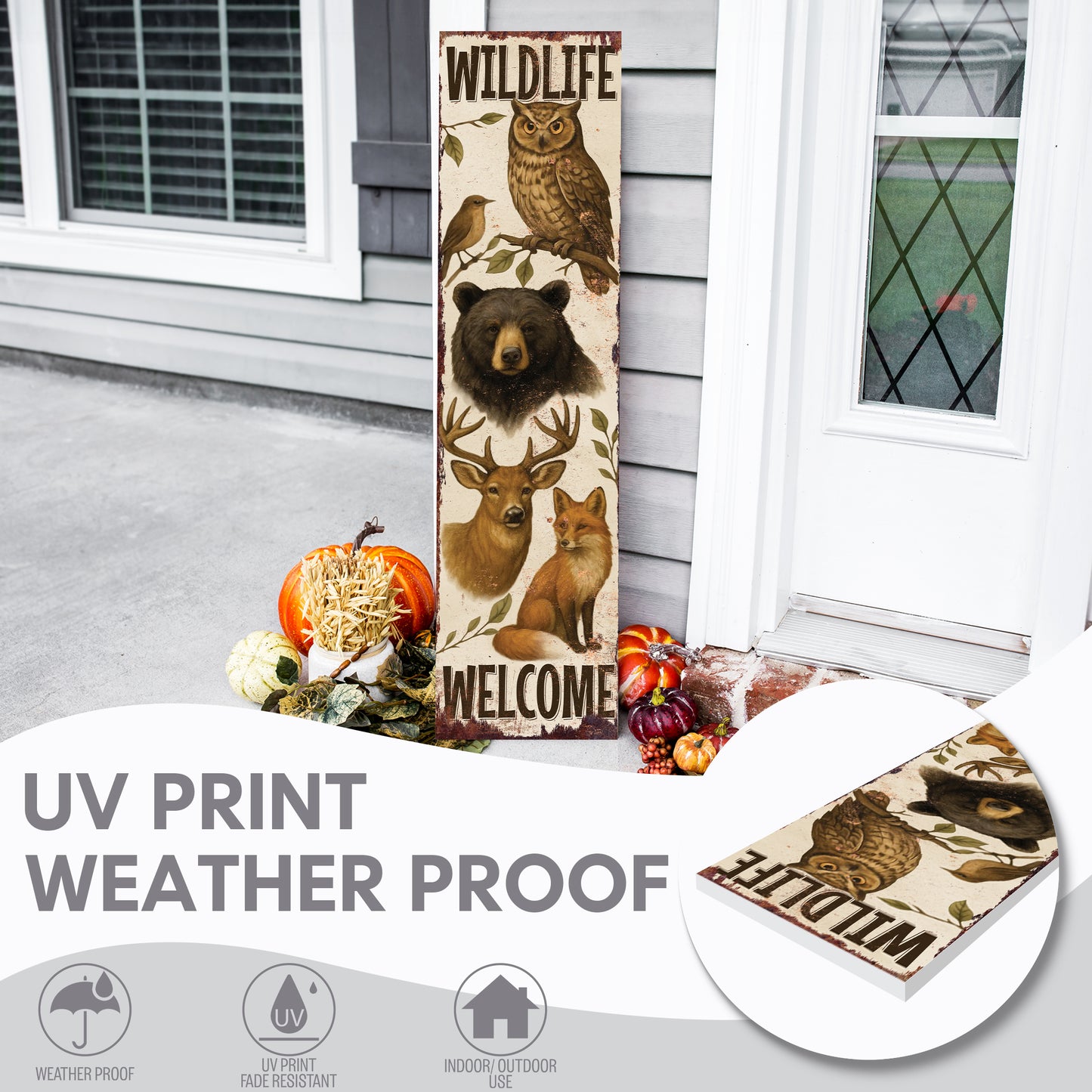 Wildlife Welcome Porch Sign | Rustic Cabin Lodge Decor with Bear, Deer, Owl & Fox | Outdoor Farmhouse Wall Art for Porch Entryway
