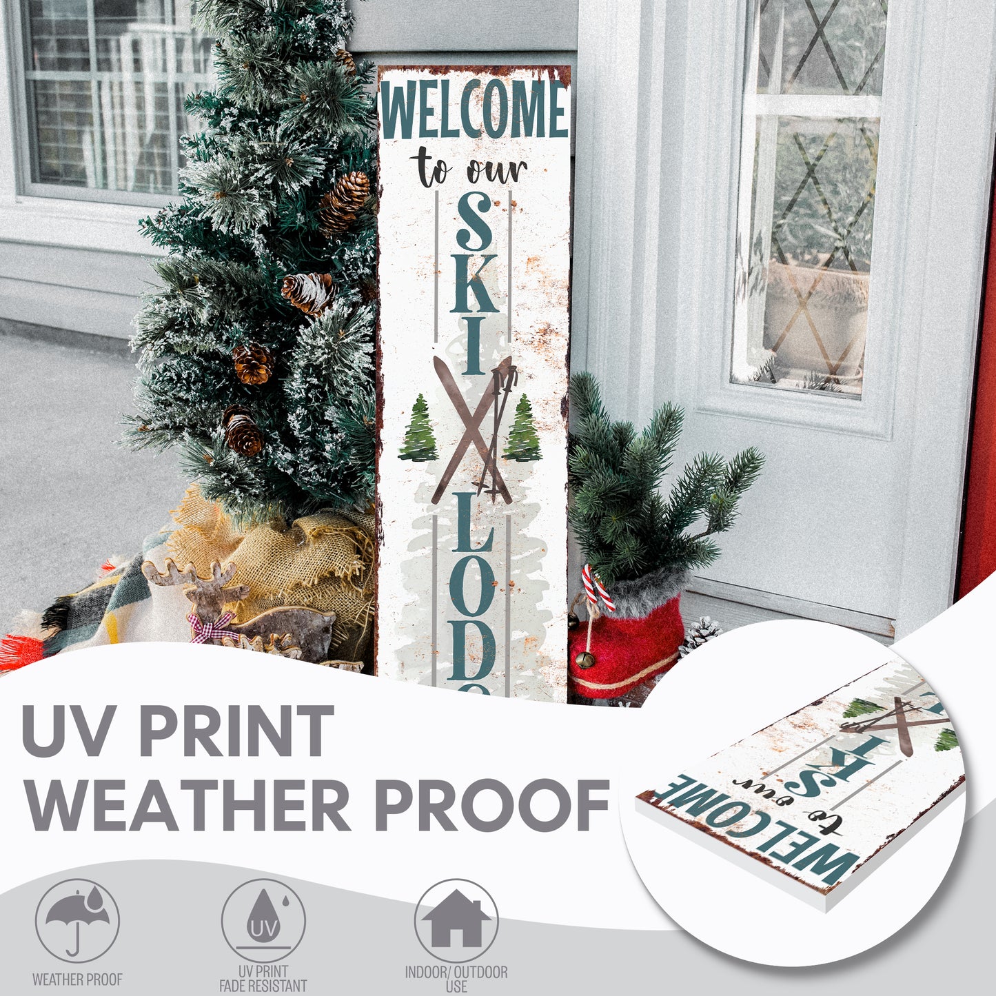 Welcome to Our Ski Lodge Porch Sign | Rustic Winter Cabin Decor with Skis & Pines | Farmhouse Entryway Sign for Porch Indoor