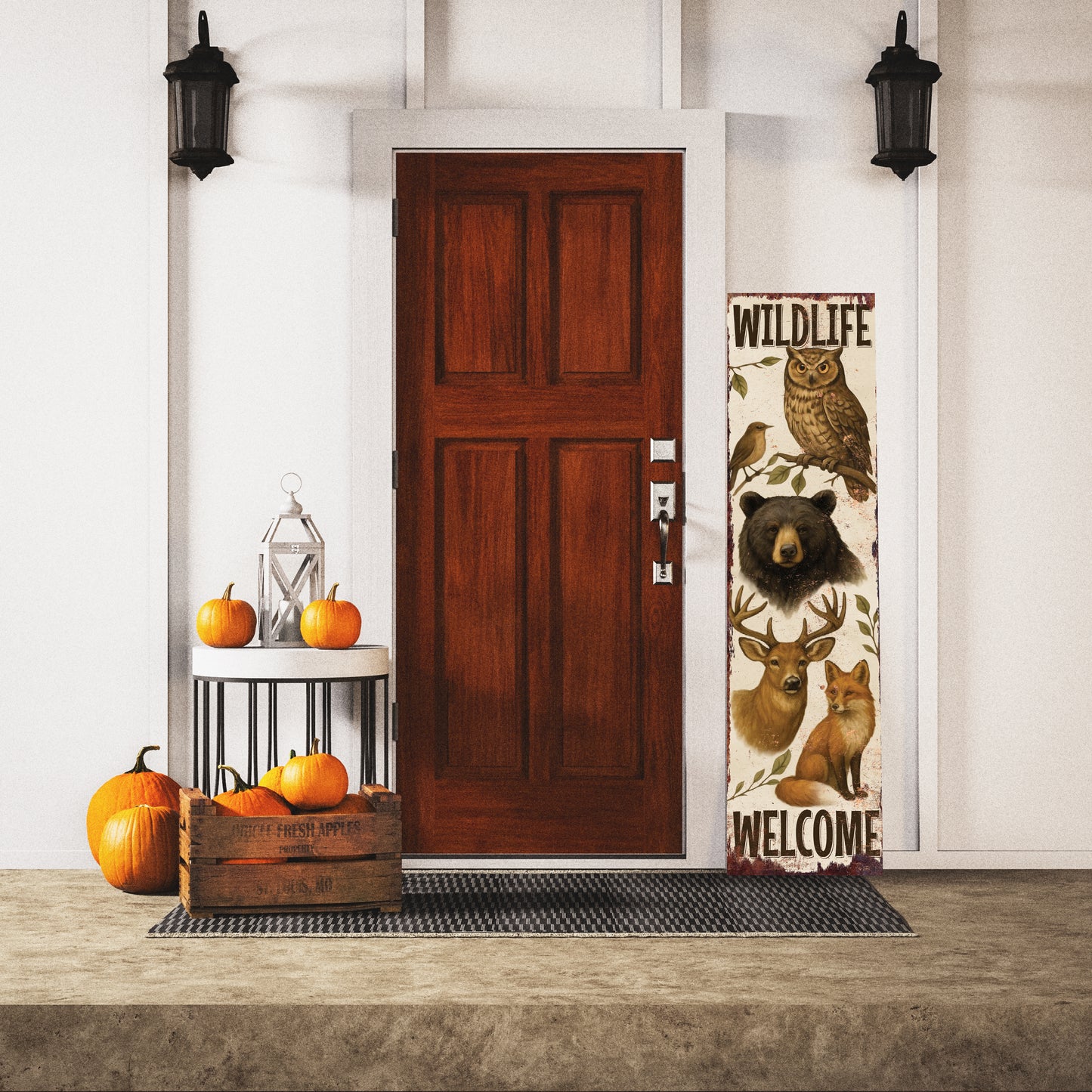 Wildlife Welcome Porch Sign | Rustic Cabin Lodge Decor with Bear, Deer, Owl & Fox | Outdoor Farmhouse Wall Art for Porch Entryway