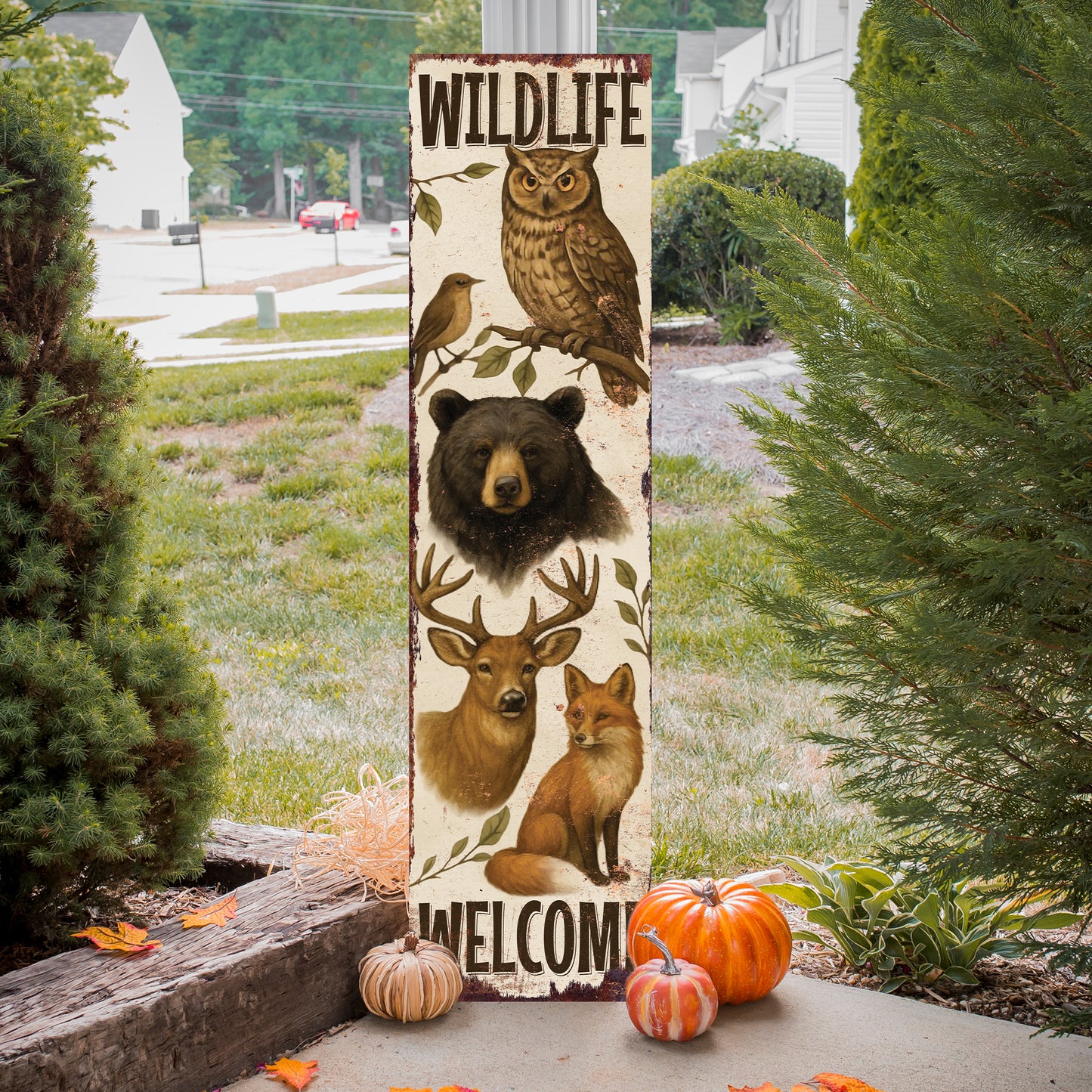 Wildlife Welcome Porch Sign | Rustic Cabin Lodge Decor with Bear, Deer, Owl & Fox | Outdoor Farmhouse Wall Art for Porch Entryway