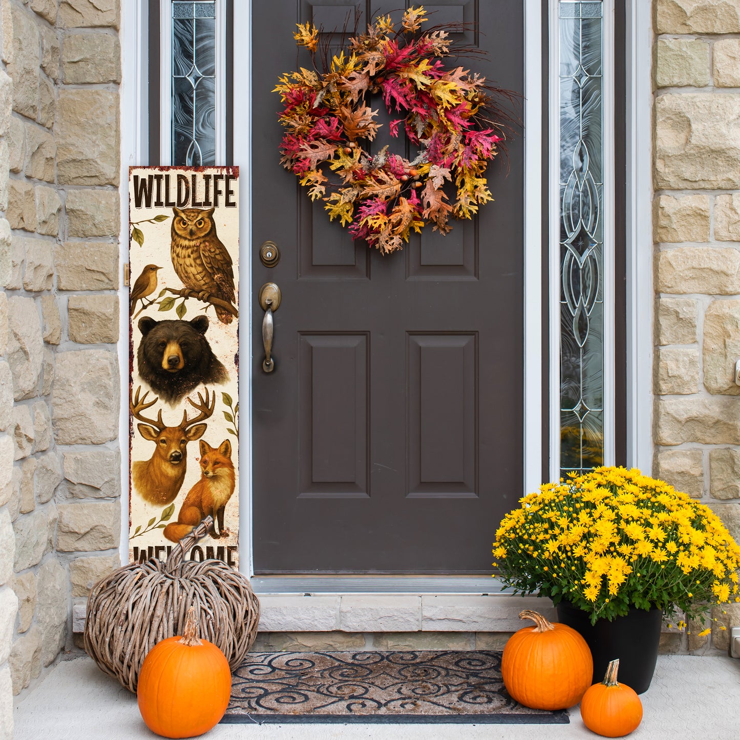 Wildlife Welcome Porch Sign | Rustic Cabin Lodge Decor with Bear, Deer, Owl & Fox | Outdoor Farmhouse Wall Art for Porch Entryway