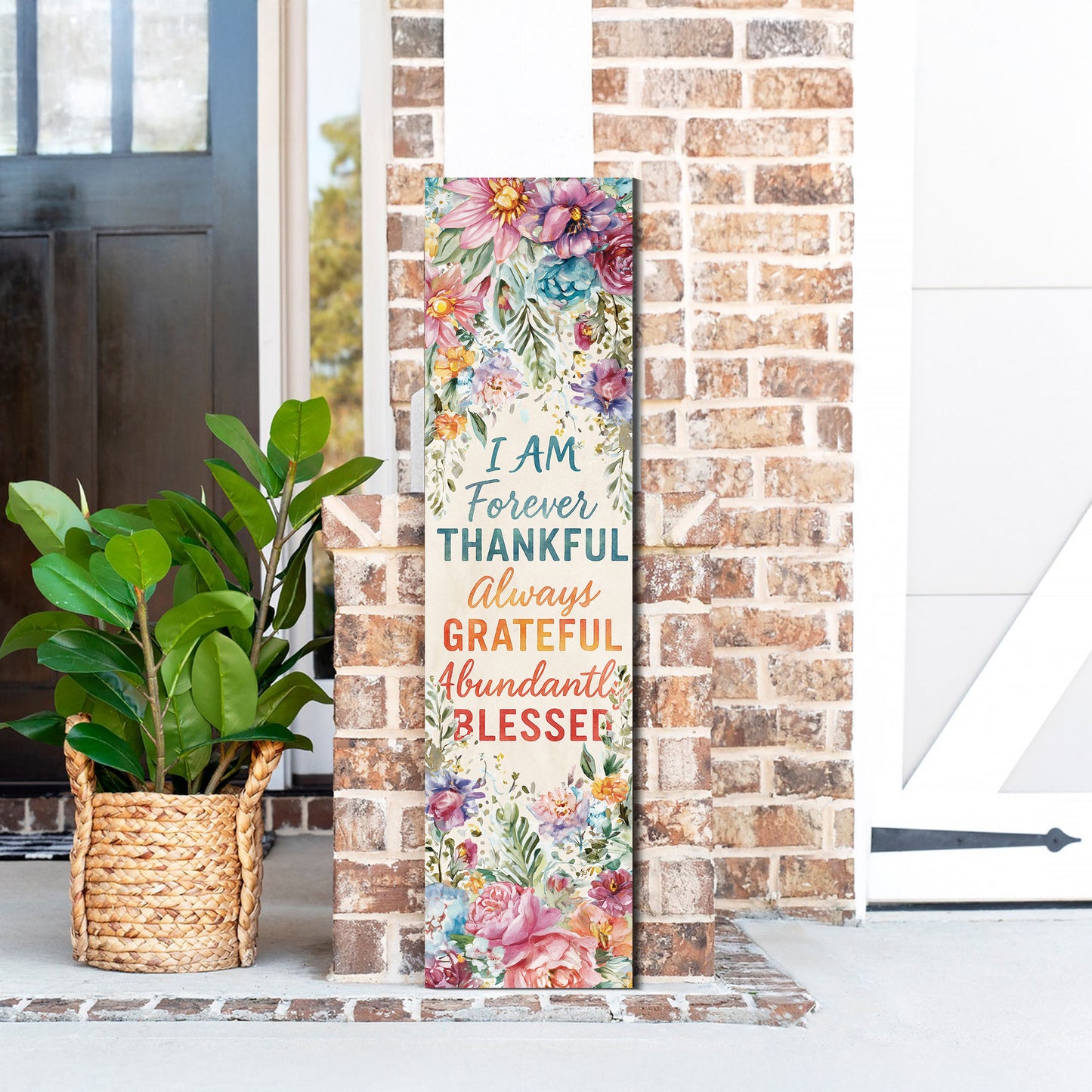 Thankful Grateful Blessed Porch Sign | Floral Farmhouse Welcome Sign | Inspirational Entryway Décor for Porch, Patio, Indoor