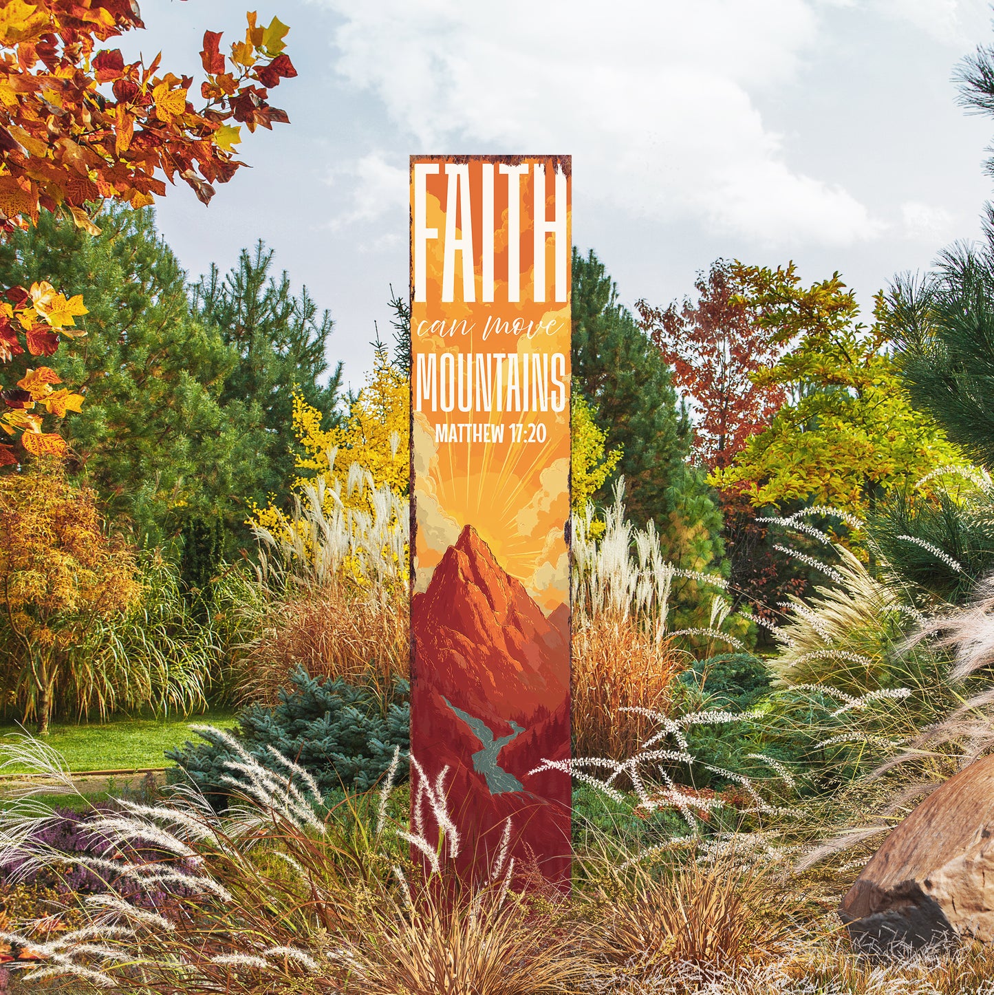 Christian Inspirational Yard Sign | Faith Can Move Mountains | Matthew 17:20 Garden Stake | Rustic Farmhouse Outdoor Décor