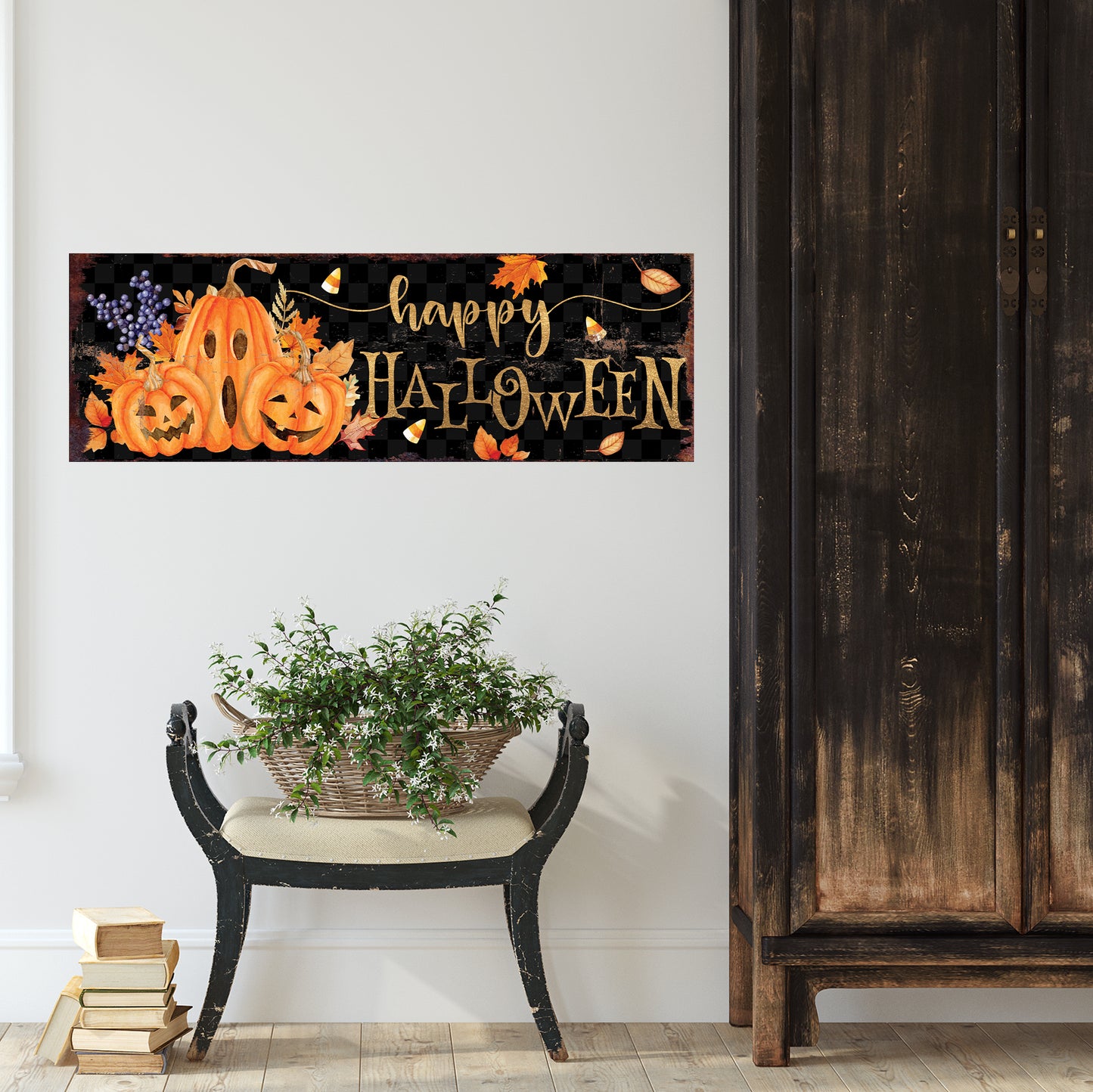 Happy Halloween Wall Art | Pumpkin & Candy Corn Farmhouse Sign | Rustic Fall Halloween Decoration for Home, Porch, or Living Room