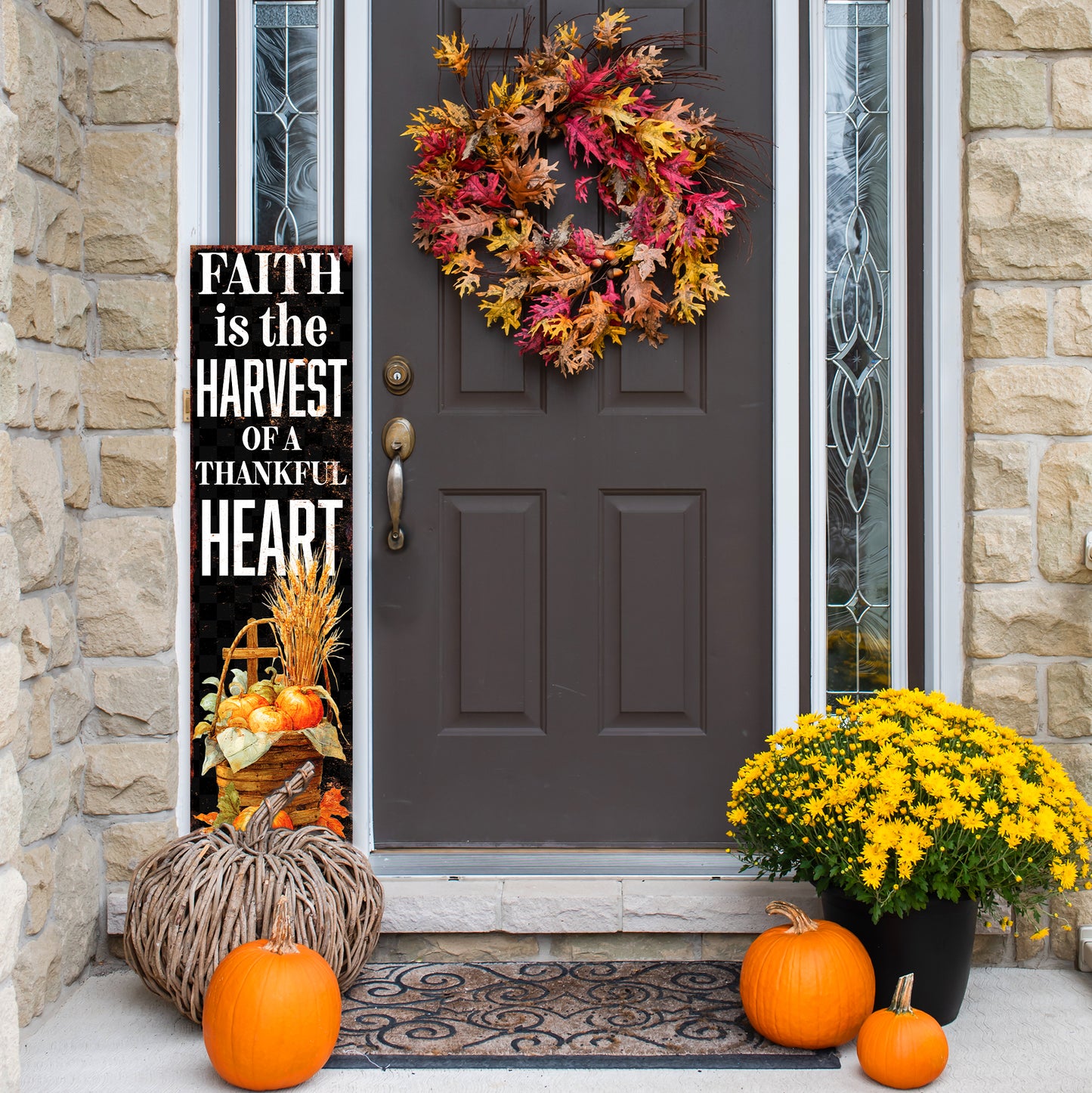 Christian Porch Sign – “Faith is the Harvest of a Thankful Heart” – Rustic Farmhouse Scripture Sign for Porch, Patio, Garden, or Indoor Décor