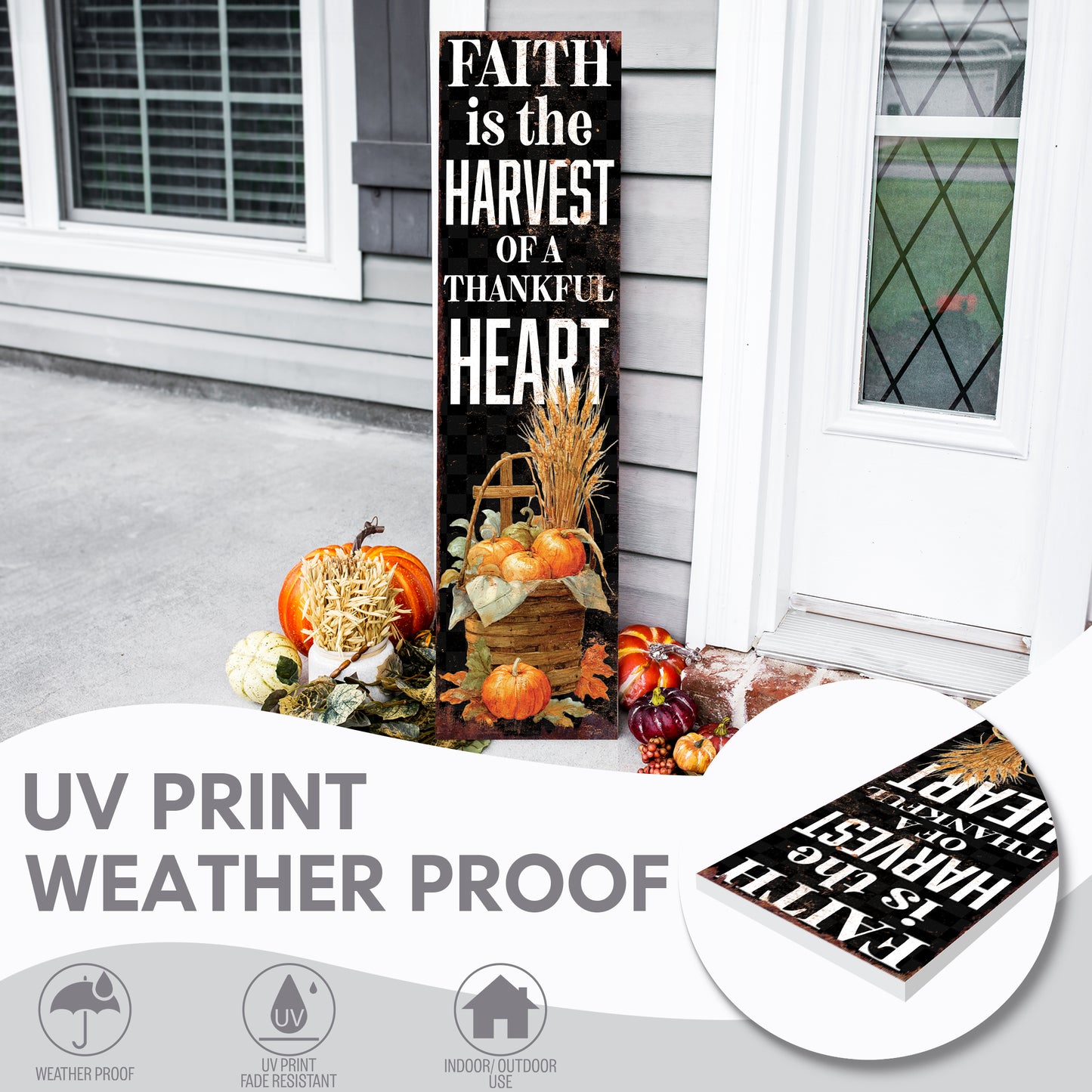 Christian Porch Sign – “Faith is the Harvest of a Thankful Heart” – Rustic Farmhouse Scripture Sign for Porch, Patio, Garden, or Indoor Décor