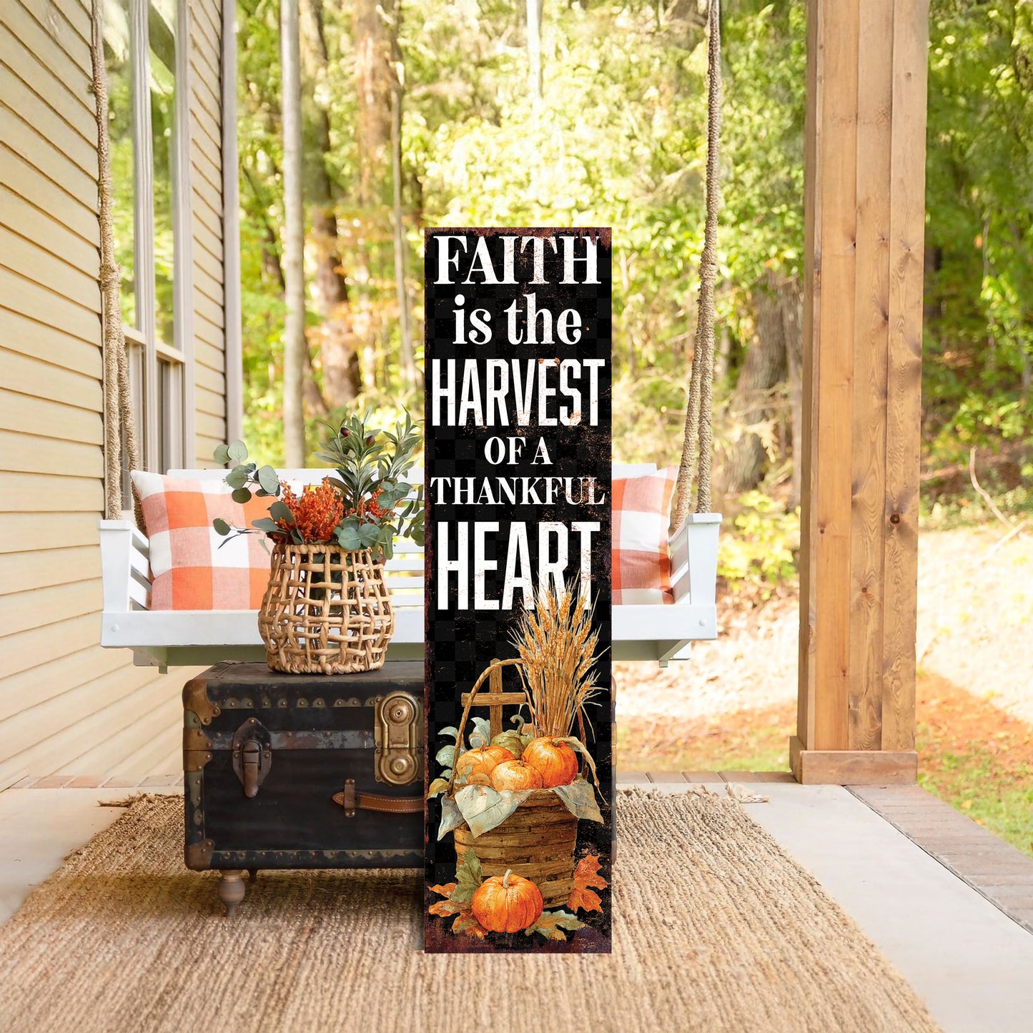 Christian Porch Sign – “Faith is the Harvest of a Thankful Heart” – Rustic Farmhouse Scripture Sign for Porch, Patio, Garden, or Indoor Décor