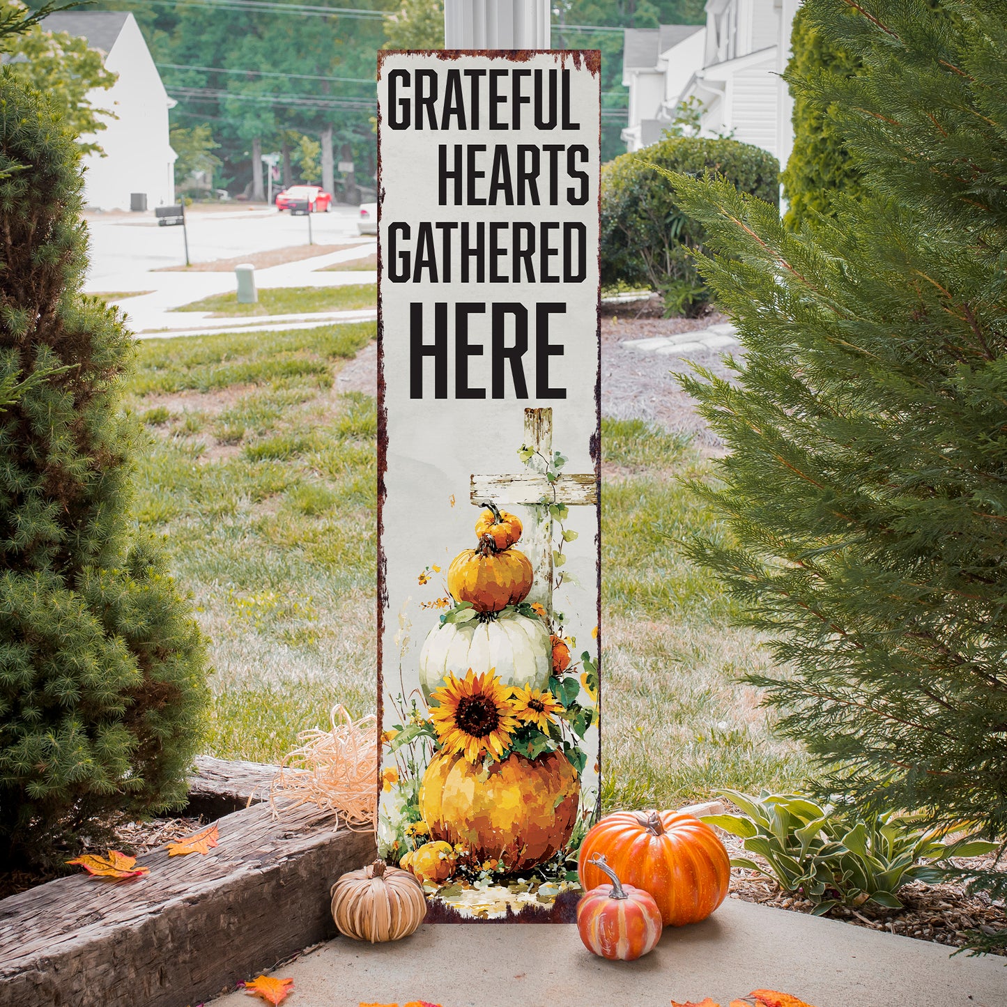 Fall Porch Sign Christian – “Grateful Hearts Gathered Here” Front Porch Welcome Sign | Rustic Autumn Pumpkin & Sunflower Thanksgiving Décor