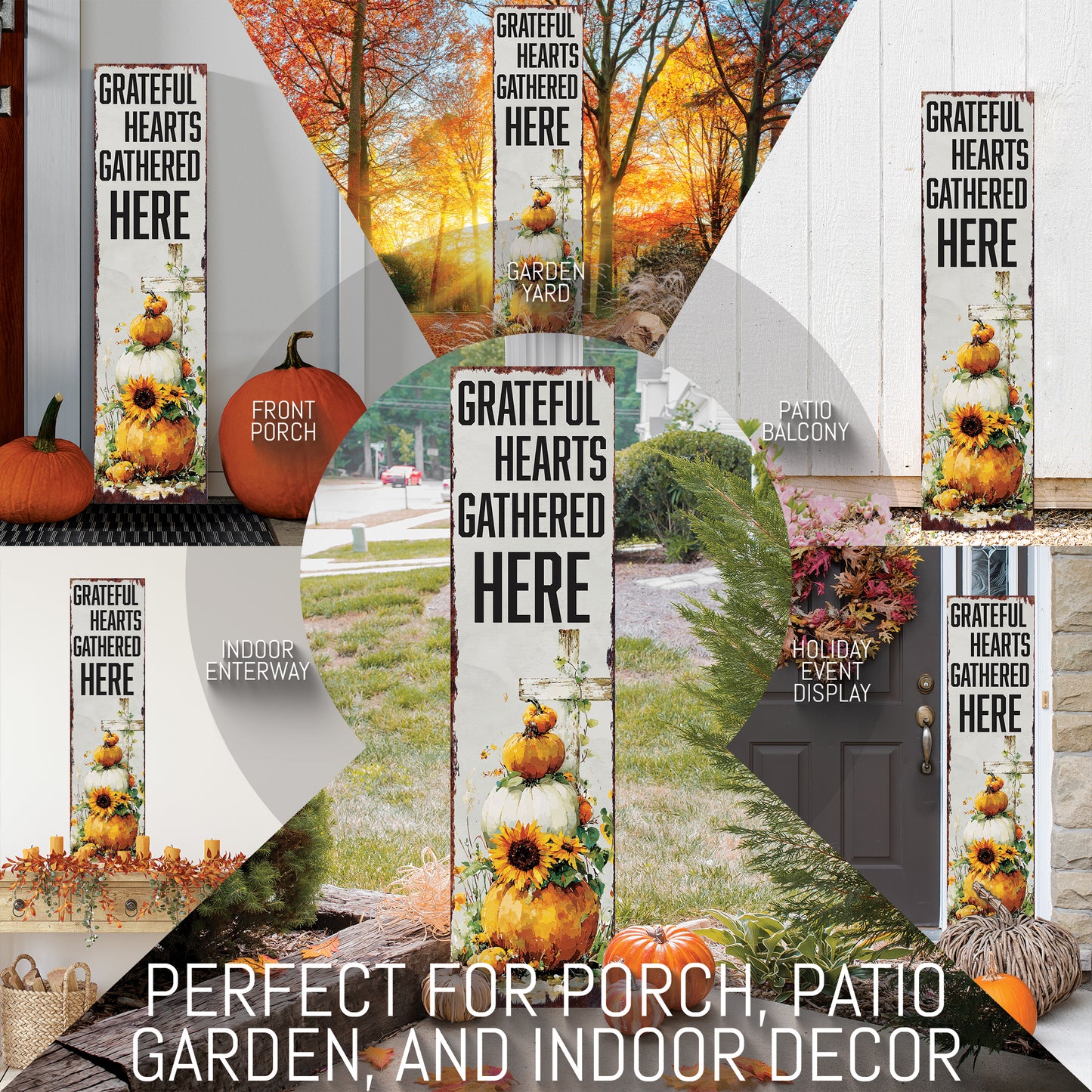 Fall Porch Sign Christian – “Grateful Hearts Gathered Here” Front Porch Welcome Sign | Rustic Autumn Pumpkin & Sunflower Thanksgiving Décor