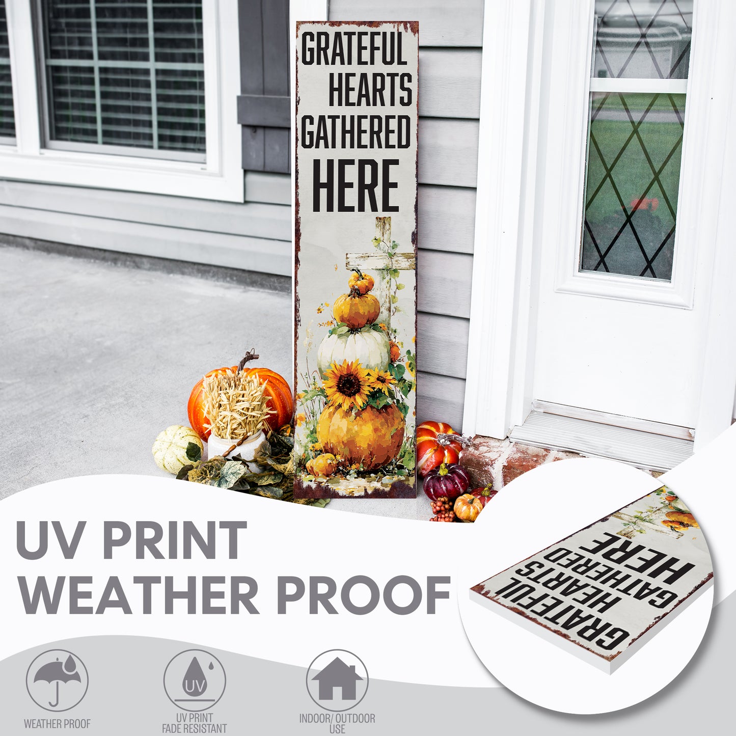 Fall Porch Sign Christian – “Grateful Hearts Gathered Here” Front Porch Welcome Sign | Rustic Autumn Pumpkin & Sunflower Thanksgiving Décor