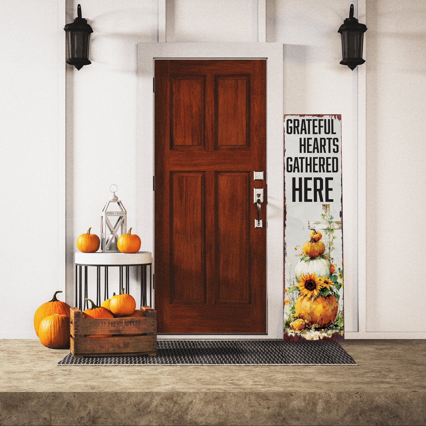 Fall Porch Sign Christian – “Grateful Hearts Gathered Here” Front Porch Welcome Sign | Rustic Autumn Pumpkin & Sunflower Thanksgiving Décor