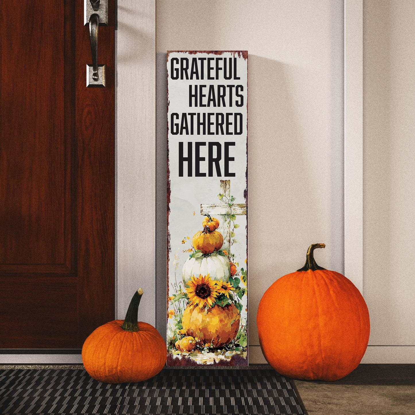 Fall Porch Sign Christian – “Grateful Hearts Gathered Here” Front Porch Welcome Sign | Rustic Autumn Pumpkin & Sunflower Thanksgiving Décor