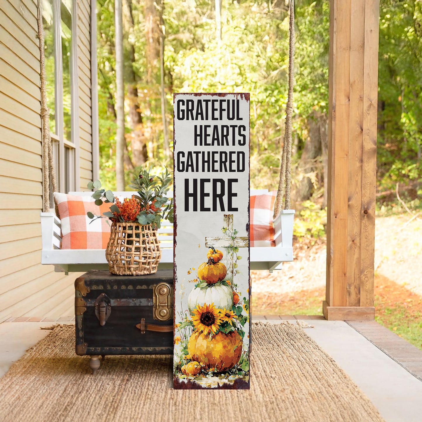 Fall Porch Sign Christian – “Grateful Hearts Gathered Here” Front Porch Welcome Sign | Rustic Autumn Pumpkin & Sunflower Thanksgiving Décor