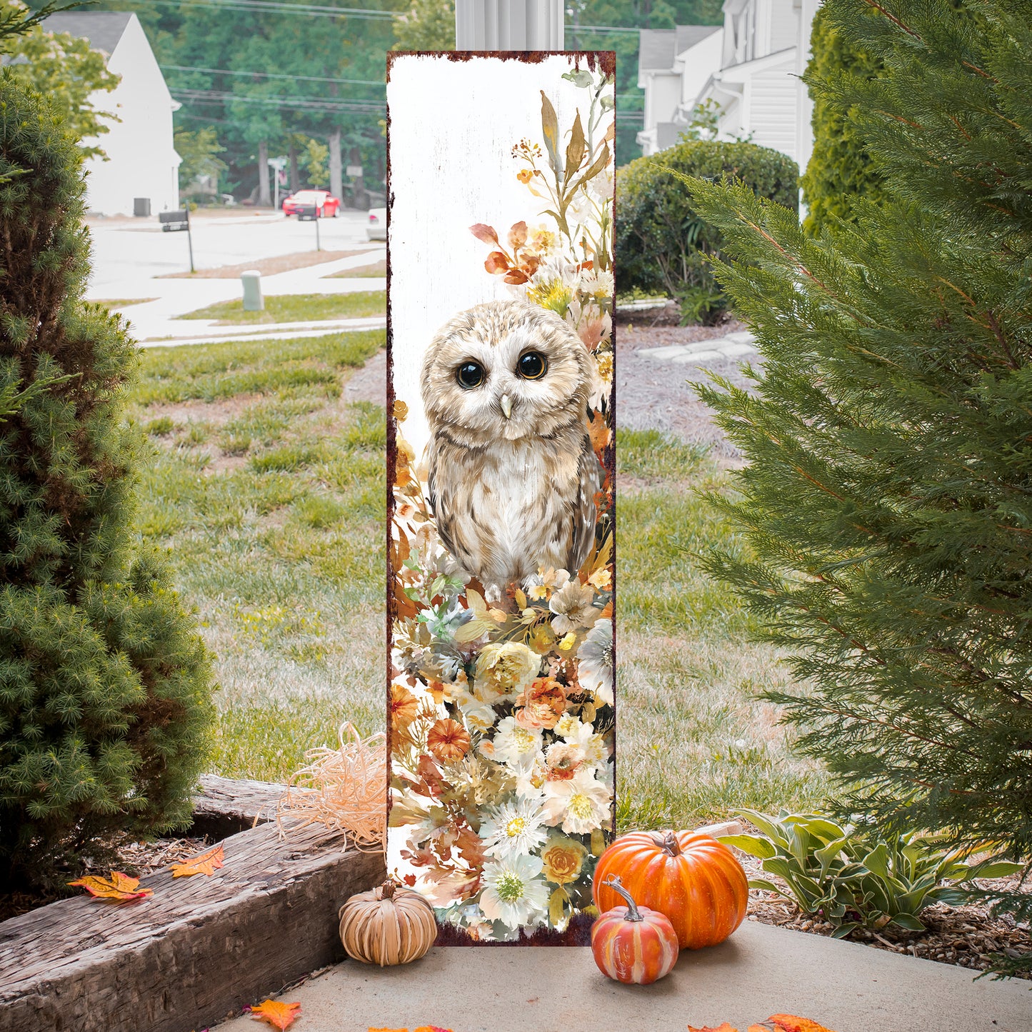 Fall Porch Sign with Owl Design – Rustic Autumn Front Porch Welcome Sign | Seasonal Pumpkin & Owl Outdoor Decoration for Entryway, Patio, Garden
