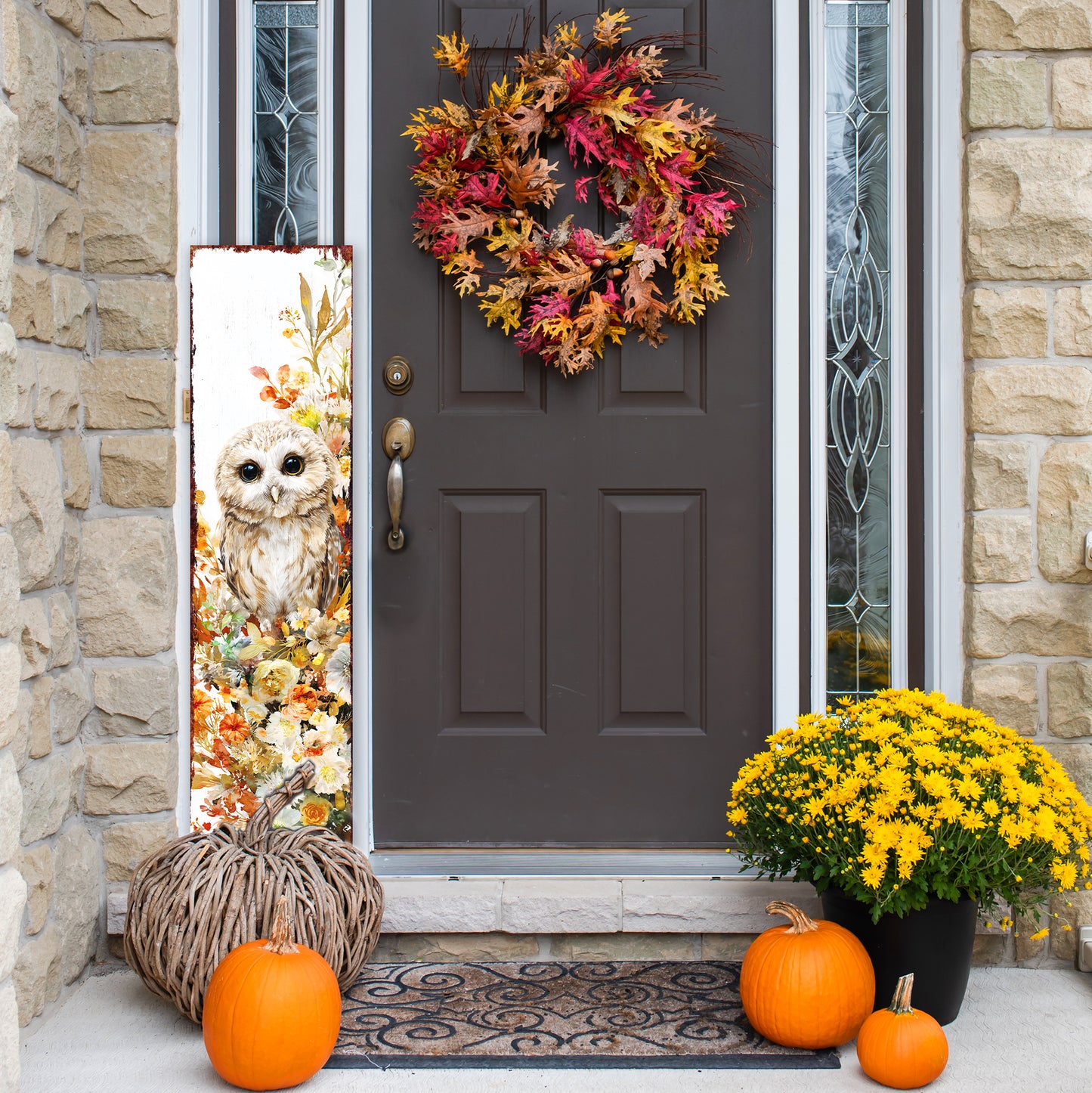 Fall Porch Sign with Owl Design – Rustic Autumn Front Porch Welcome Sign | Seasonal Pumpkin & Owl Outdoor Decoration for Entryway, Patio, Garden