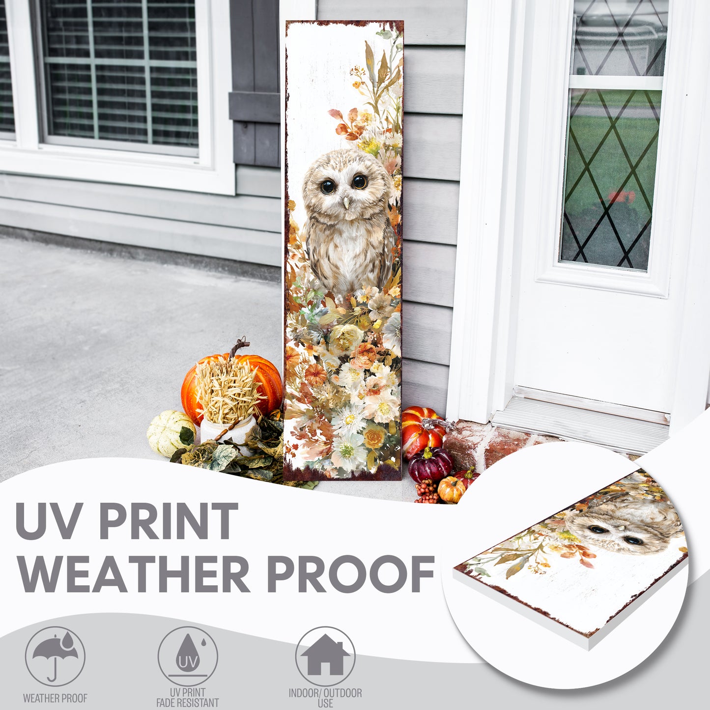 Fall Porch Sign with Owl Design – Rustic Autumn Front Porch Welcome Sign | Seasonal Pumpkin & Owl Outdoor Decoration for Entryway, Patio, Garden