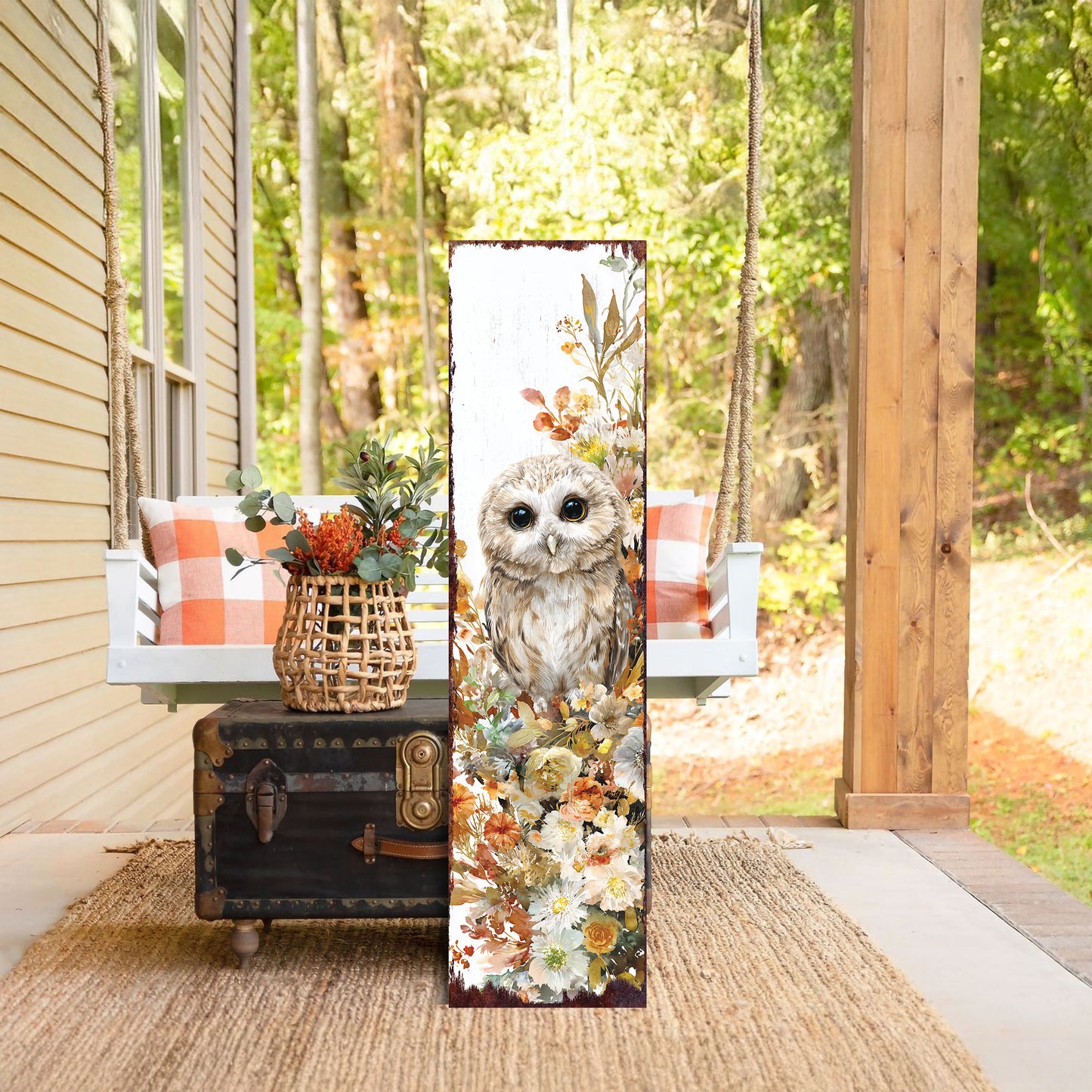 Fall Porch Sign with Owl Design – Rustic Autumn Front Porch Welcome Sign | Seasonal Pumpkin & Owl Outdoor Decoration for Entryway, Patio, Garden