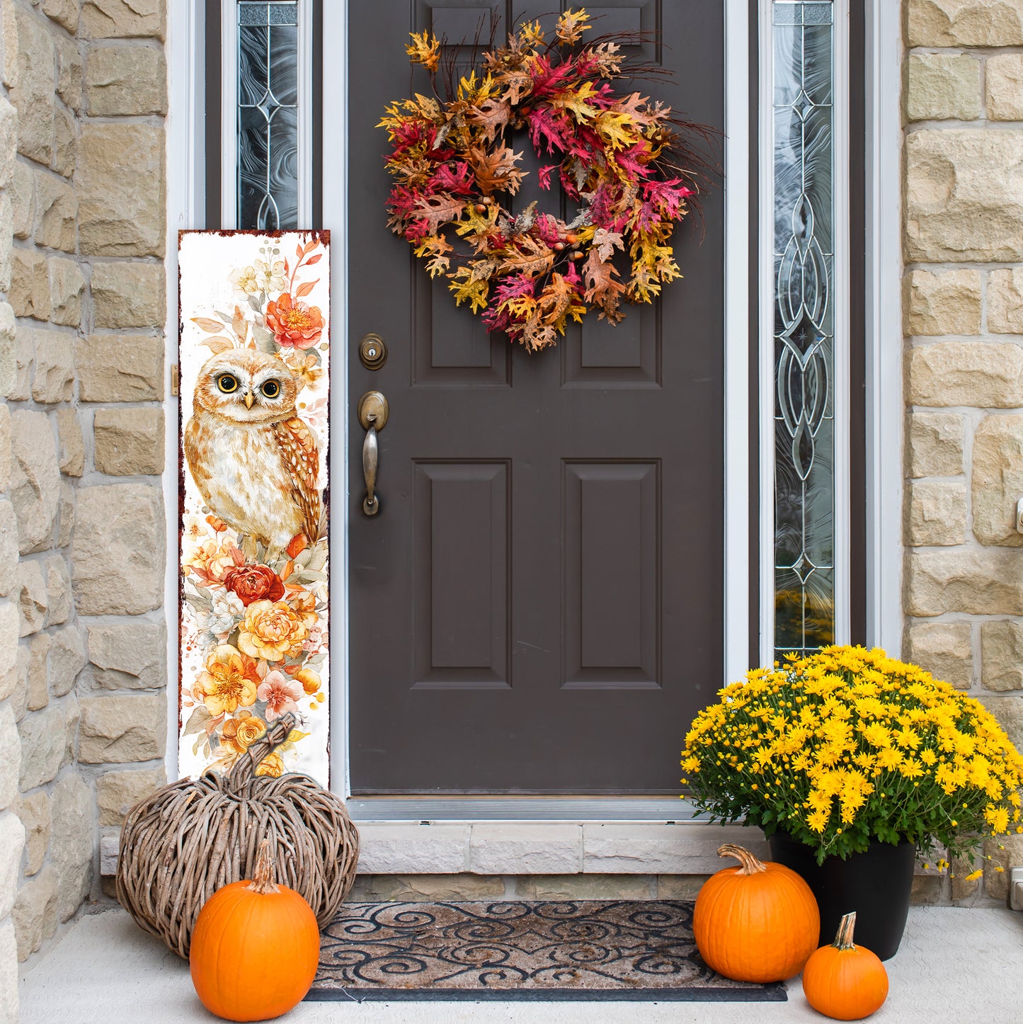 Fall Porch Sign with Owl Design – Rustic Autumn Front Porch Welcome Sign | Seasonal Pumpkin & Owl Outdoor Decoration for Entryway, Patio, Garden