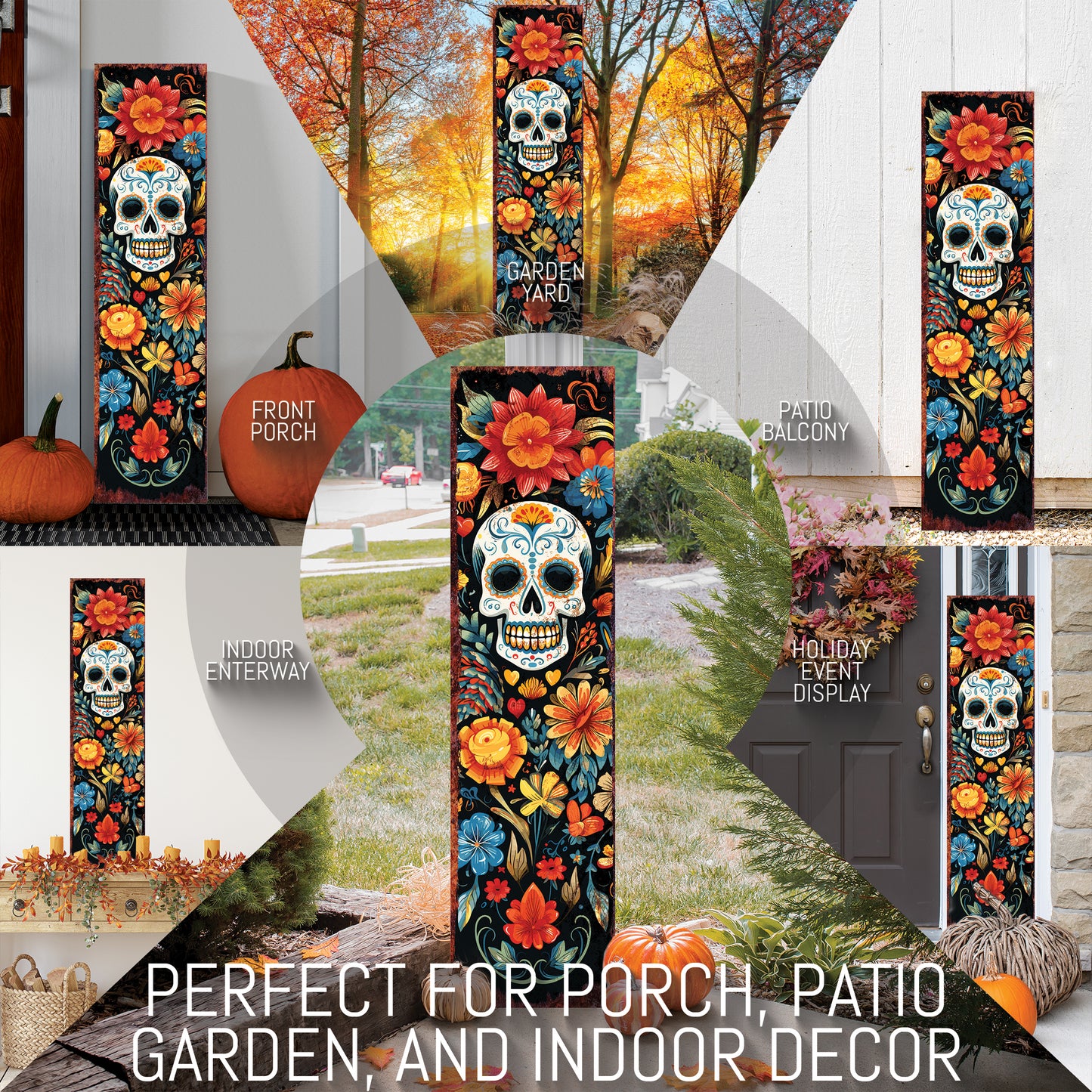 Día De Los Muertos Sugar Skull Porch Sign – Day of the Dead Front Porch Welcome Sign | Colorful Floral Sugar Skull Outdoor & Indoor Decoration