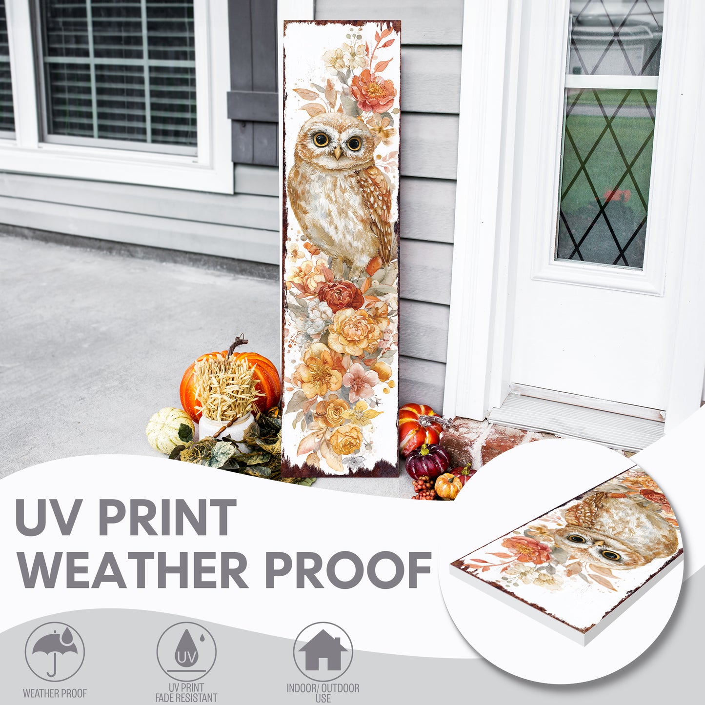 Fall Porch Sign with Owl Design – Rustic Autumn Front Porch Welcome Sign | Seasonal Pumpkin & Owl Outdoor Decoration for Entryway, Patio, Garden