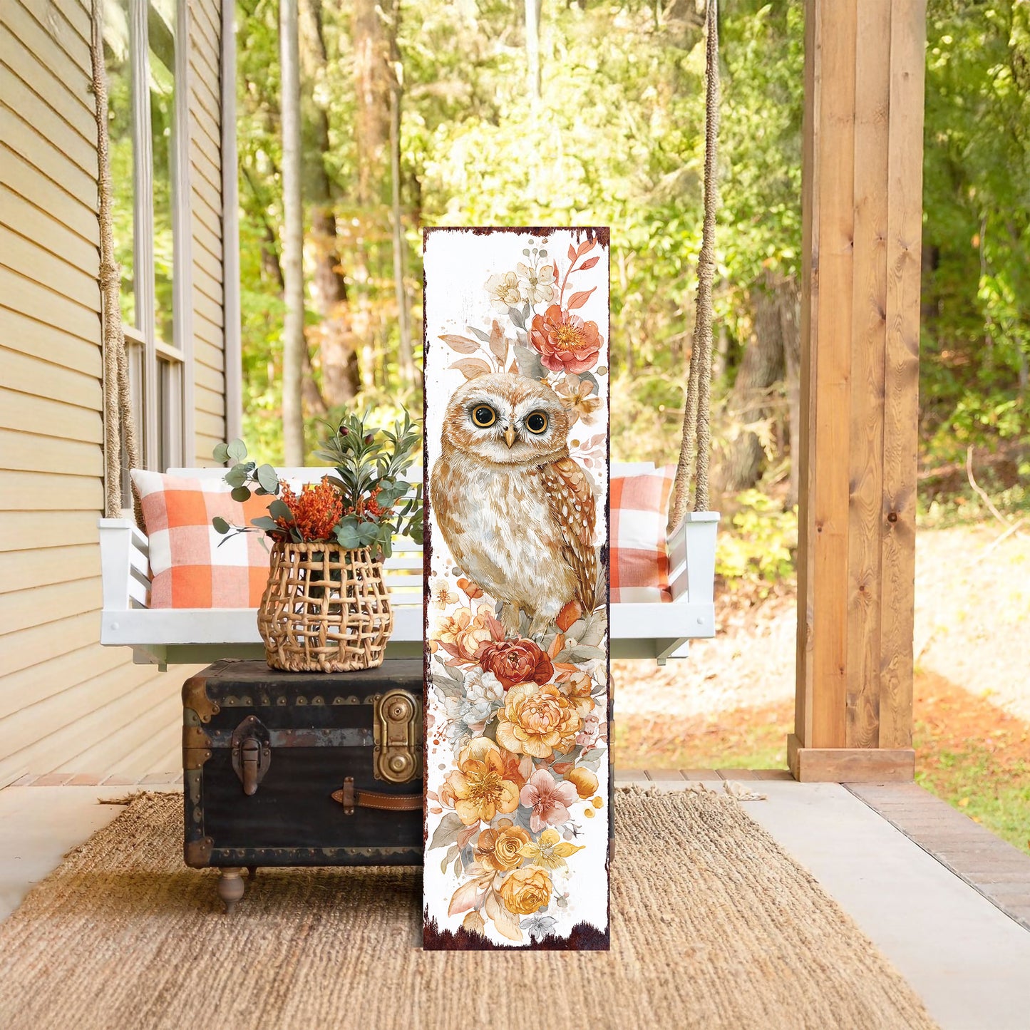 Fall Porch Sign with Owl Design – Rustic Autumn Front Porch Welcome Sign | Seasonal Pumpkin & Owl Outdoor Decoration for Entryway, Patio, Garden