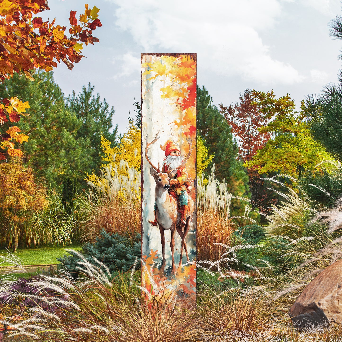 Fall Garden Stake – Whimsical Gnome Riding a Deer Outdoor Decoration | Rustic Autumn Yard, Patio & Porch Décor with Farmhouse Charm