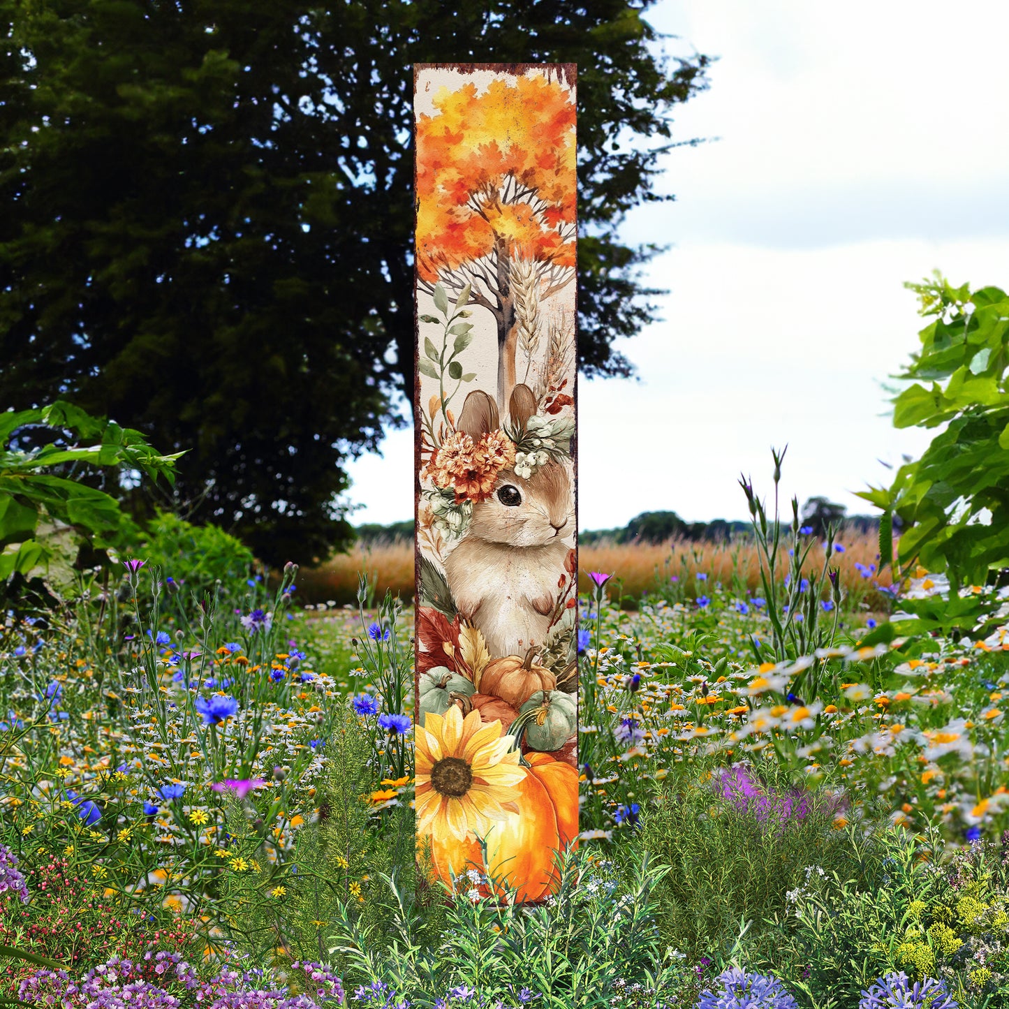Fall Garden Stake – Rustic Bunny with Pumpkins & Sunflowers Outdoor Decoration | Autumn Yard, Porch, Patio Farmhouse Décor