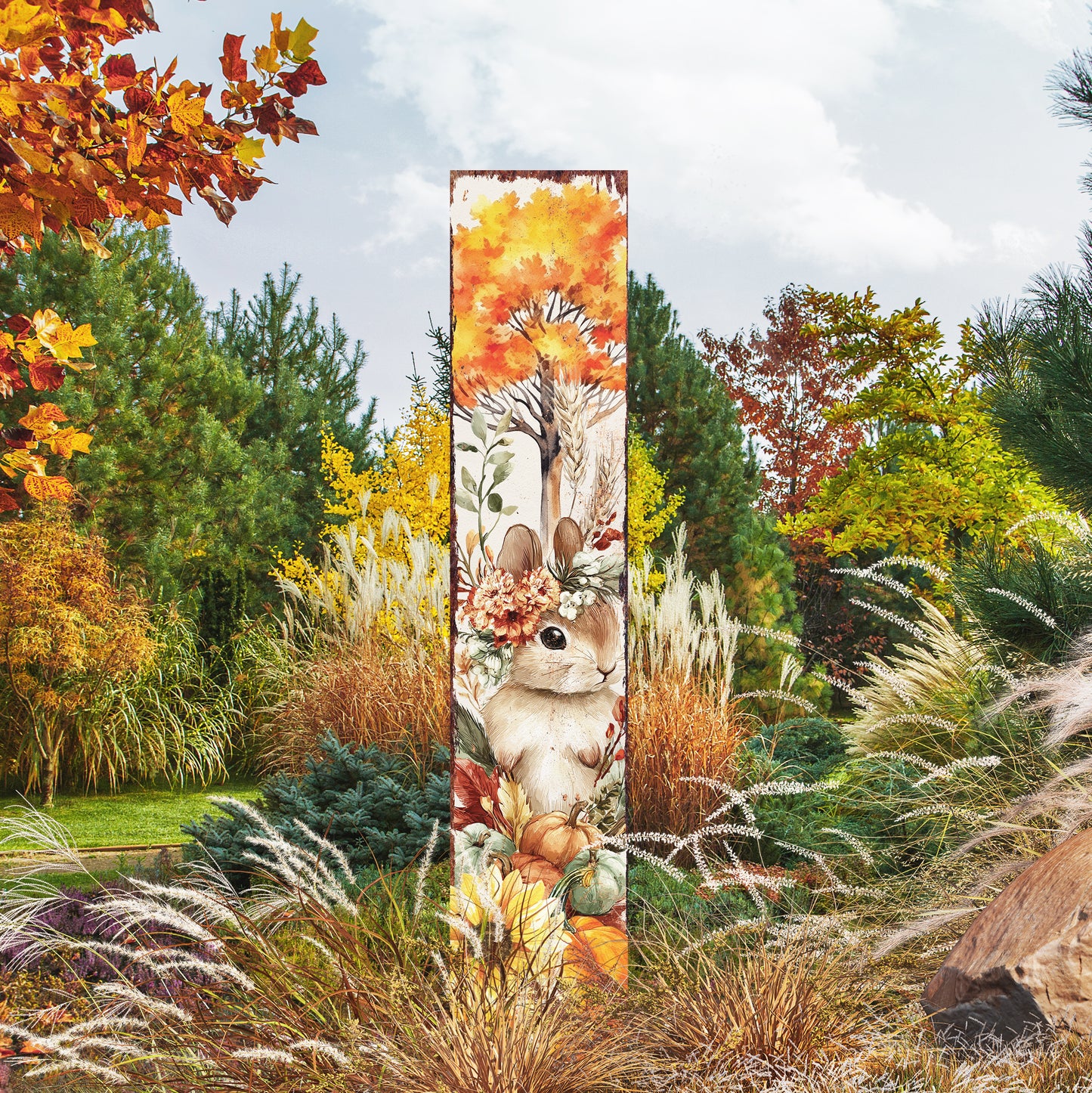Fall Garden Stake – Rustic Bunny with Pumpkins & Sunflowers Outdoor Decoration | Autumn Yard, Porch, Patio Farmhouse Décor