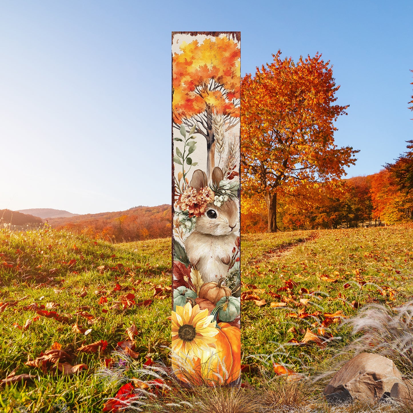 Fall Garden Stake – Rustic Bunny with Pumpkins & Sunflowers Outdoor Decoration | Autumn Yard, Porch, Patio Farmhouse Décor