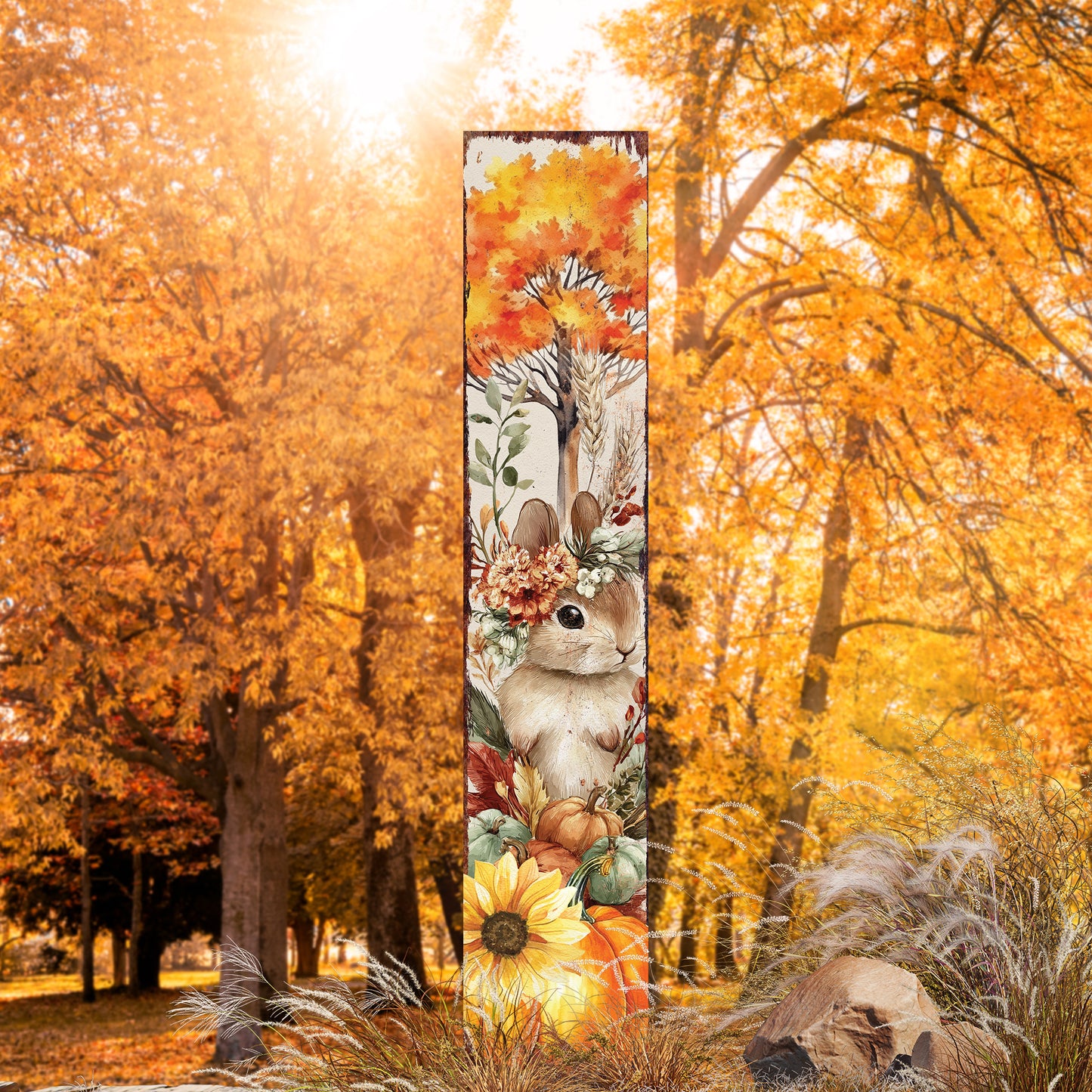 Fall Garden Stake – Rustic Bunny with Pumpkins & Sunflowers Outdoor Decoration | Autumn Yard, Porch, Patio Farmhouse Décor
