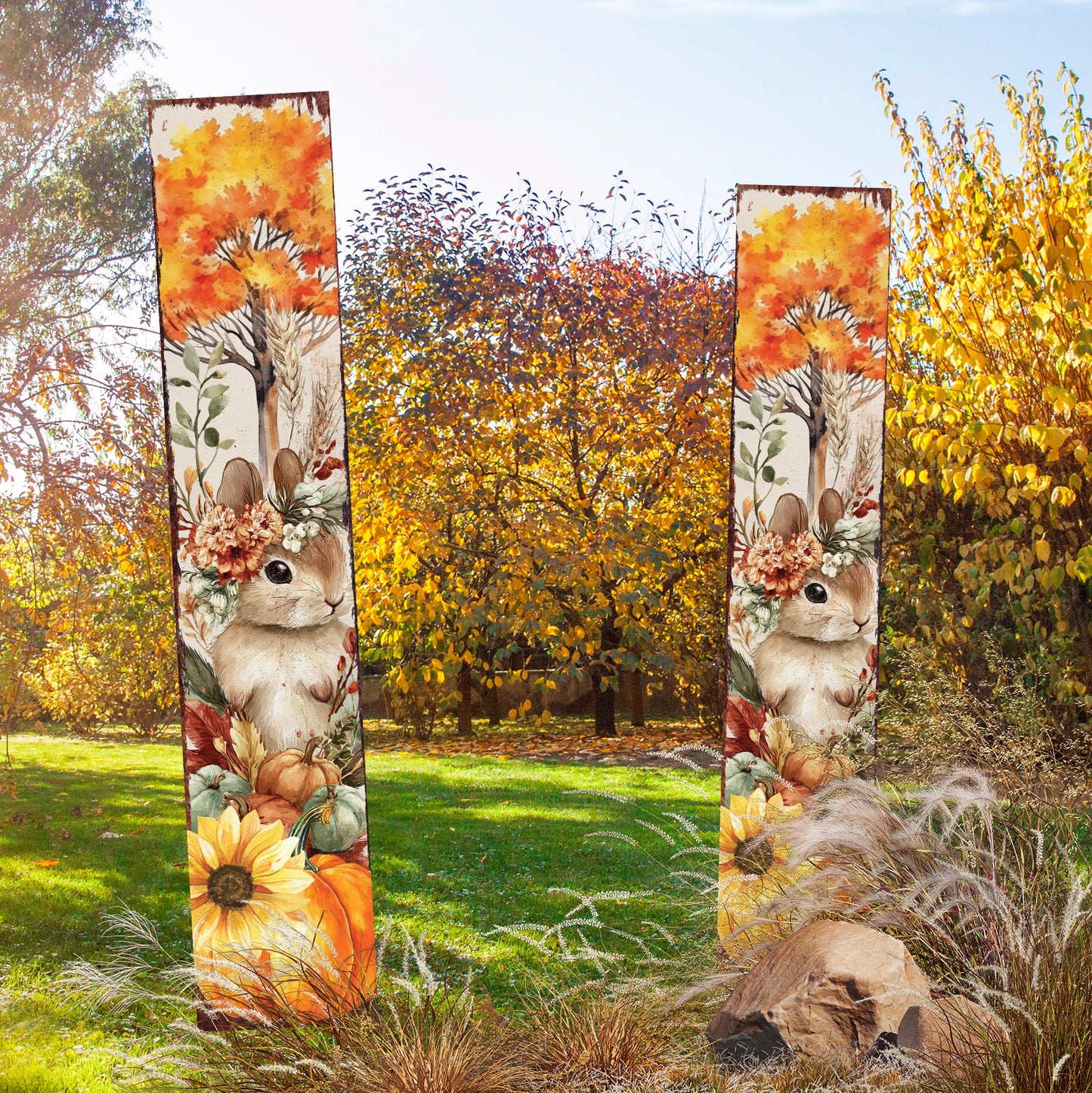 Fall Garden Stake – Rustic Bunny with Pumpkins & Sunflowers Outdoor Decoration | Autumn Yard, Porch, Patio Farmhouse Décor