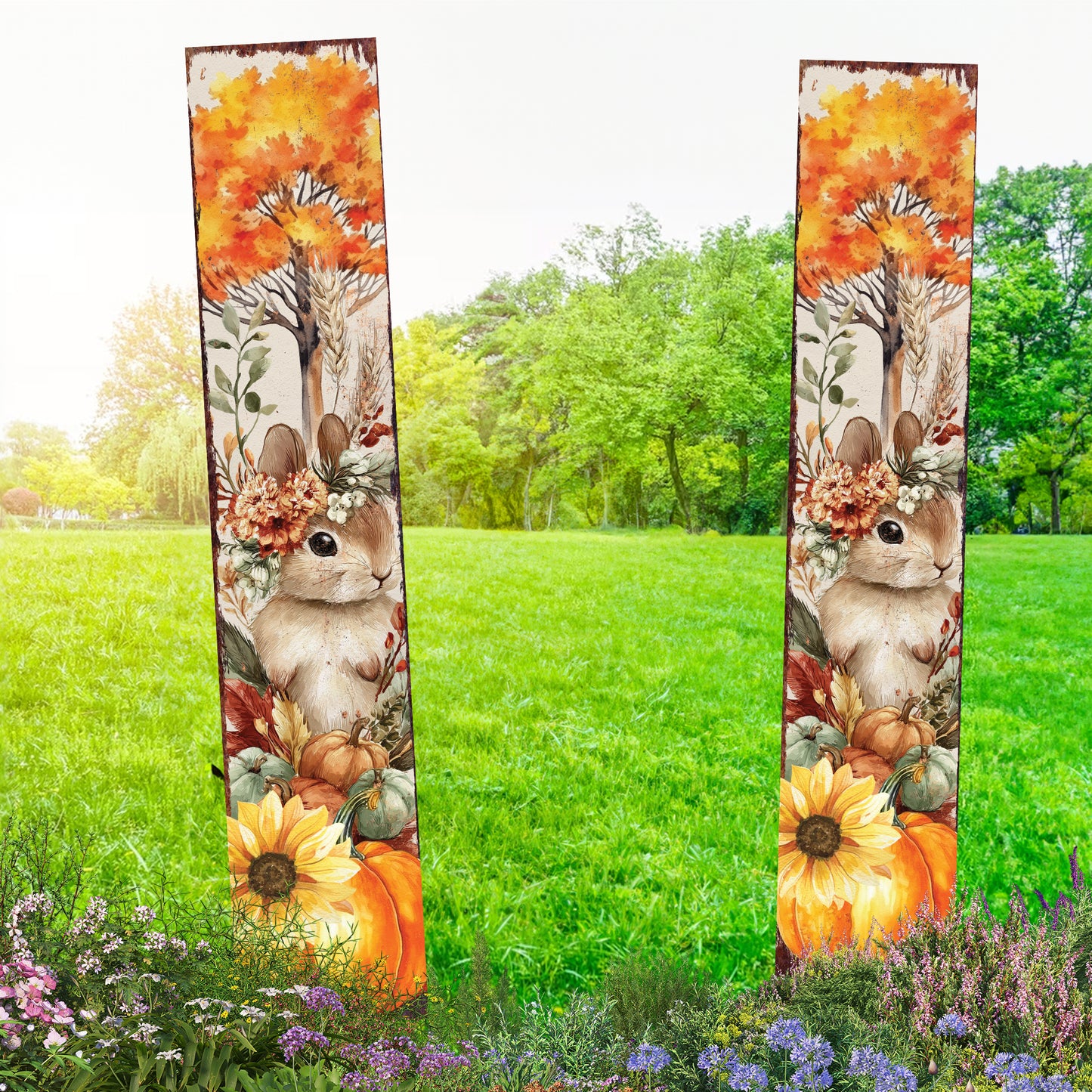 Fall Garden Stake – Rustic Bunny with Pumpkins & Sunflowers Outdoor Decoration | Autumn Yard, Porch, Patio Farmhouse Décor