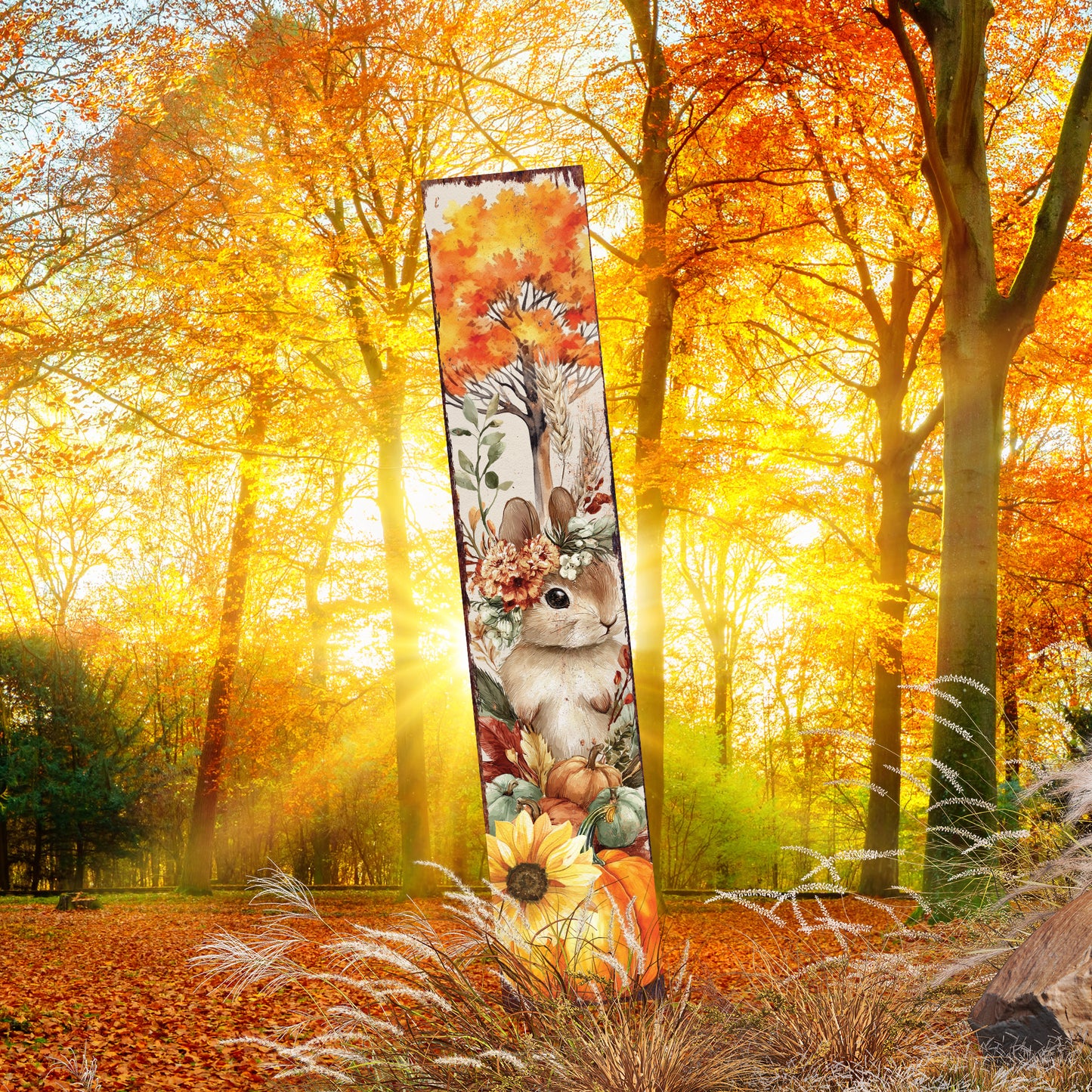 Fall Garden Stake – Rustic Bunny with Pumpkins & Sunflowers Outdoor Decoration | Autumn Yard, Porch, Patio Farmhouse Décor