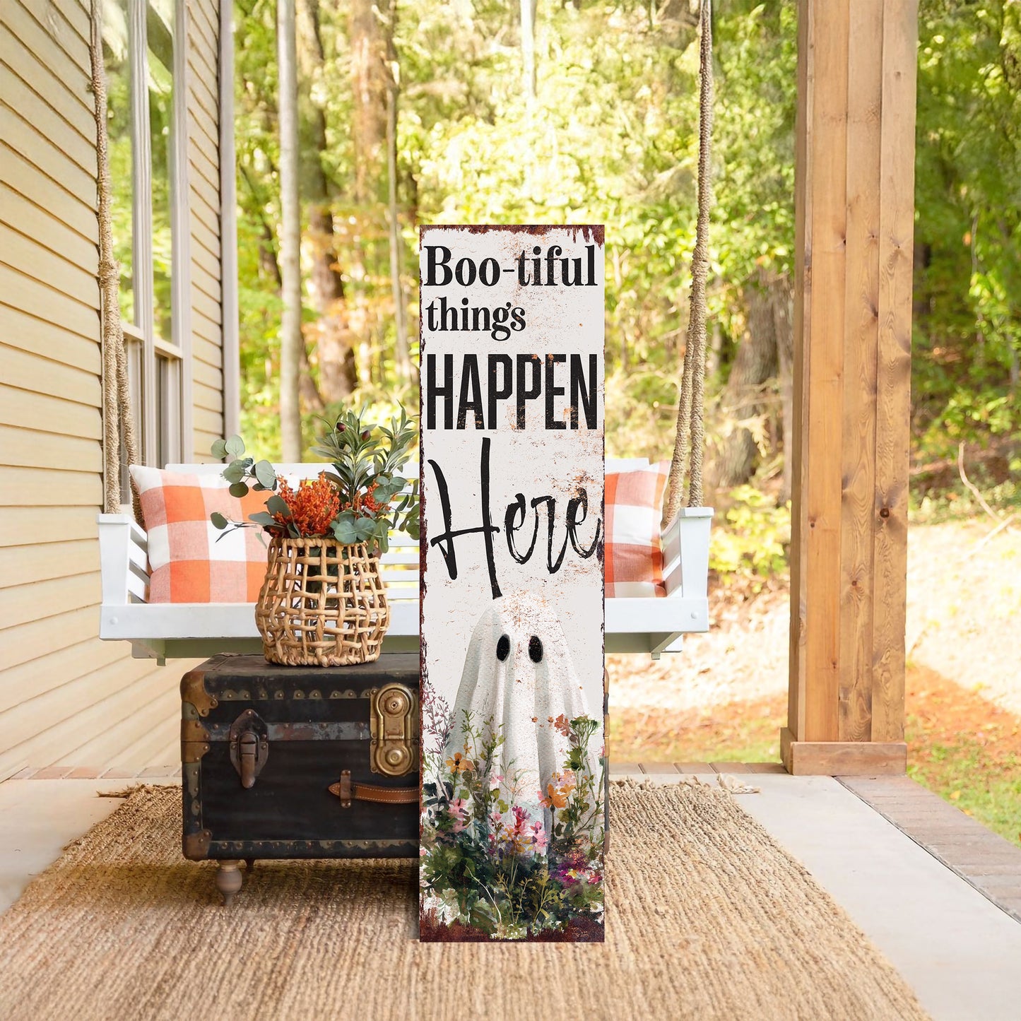 Halloween Porch Sign – Rustic “Boo-tiful Things Happen Here” Ghost Front Porch Welcome Sign | Spooky Farmhouse Halloween Outdoor Indoor Decor