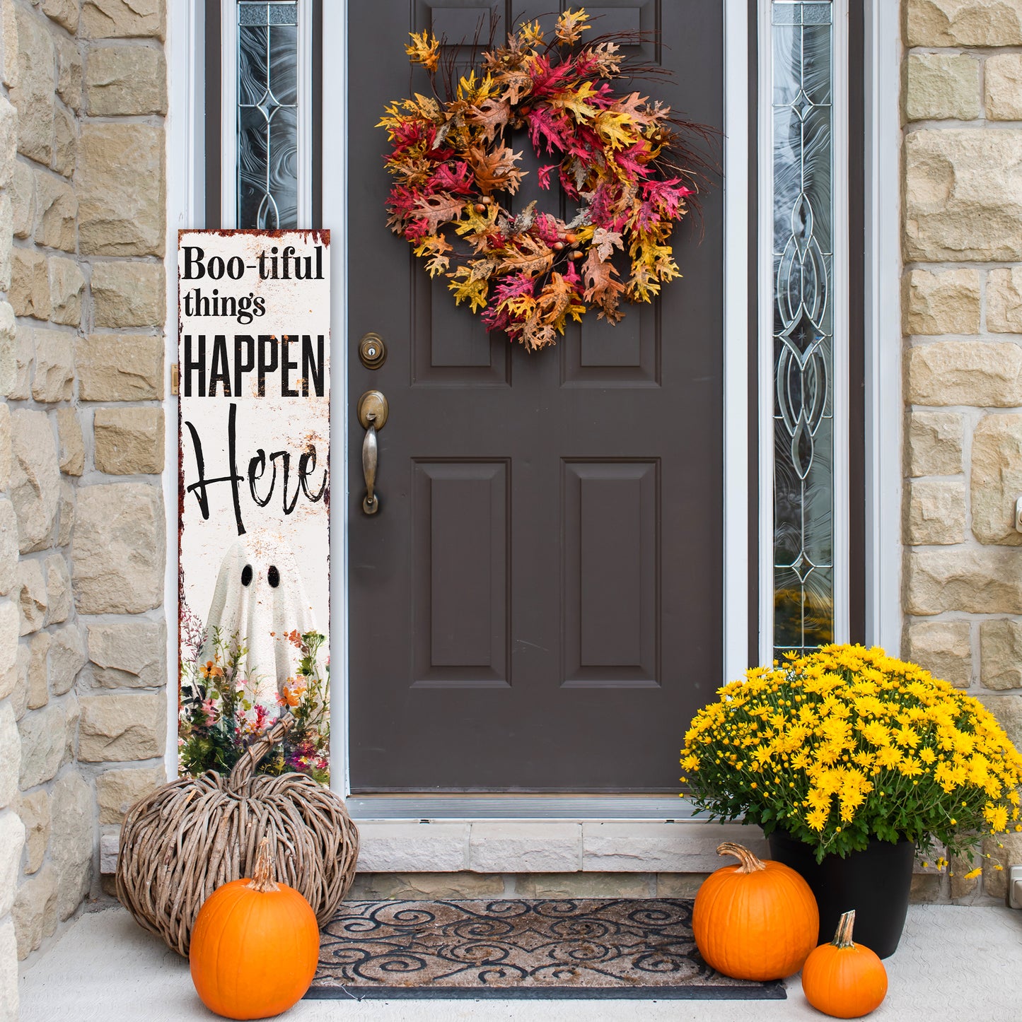 Halloween Porch Sign – Rustic “Boo-tiful Things Happen Here” Ghost Front Porch Welcome Sign | Spooky Farmhouse Halloween Outdoor Indoor Decor