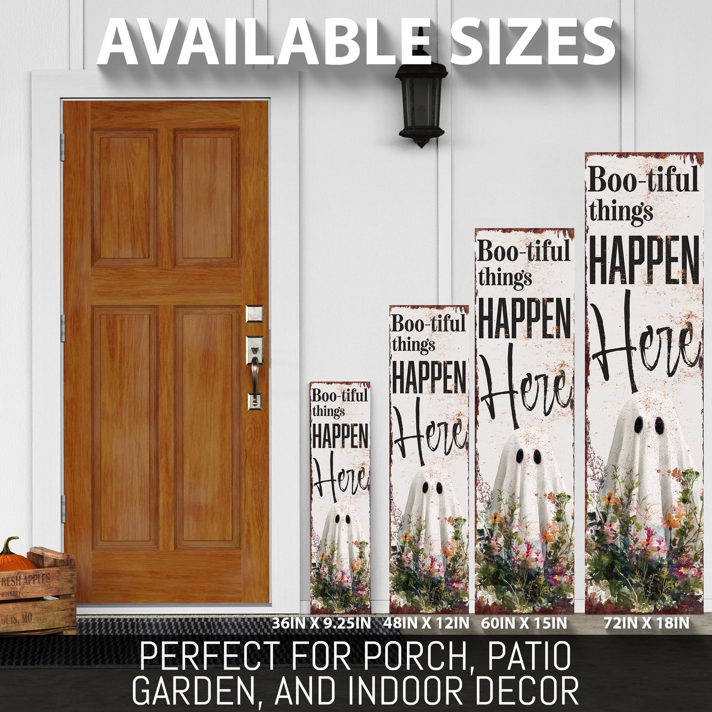 Halloween Porch Sign – Rustic “Boo-tiful Things Happen Here” Ghost Front Porch Welcome Sign | Spooky Farmhouse Halloween Outdoor Indoor Decor