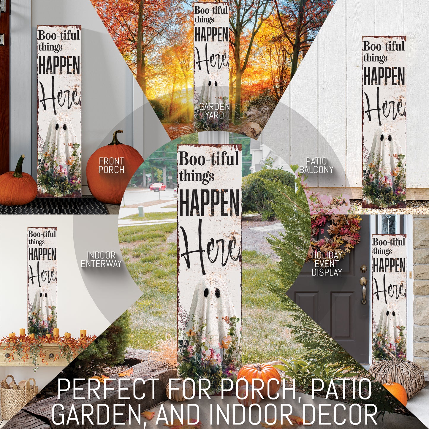 Halloween Porch Sign – Rustic “Boo-tiful Things Happen Here” Ghost Front Porch Welcome Sign | Spooky Farmhouse Halloween Outdoor Indoor Decor